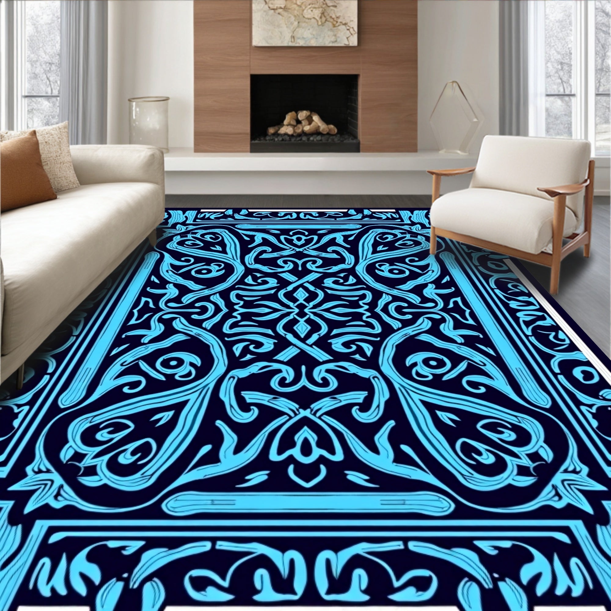 Abstract Blue Ornamental Pattern Design Rug