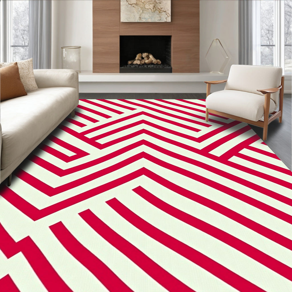 Red Cream Interlocking Geometric Lines Rug