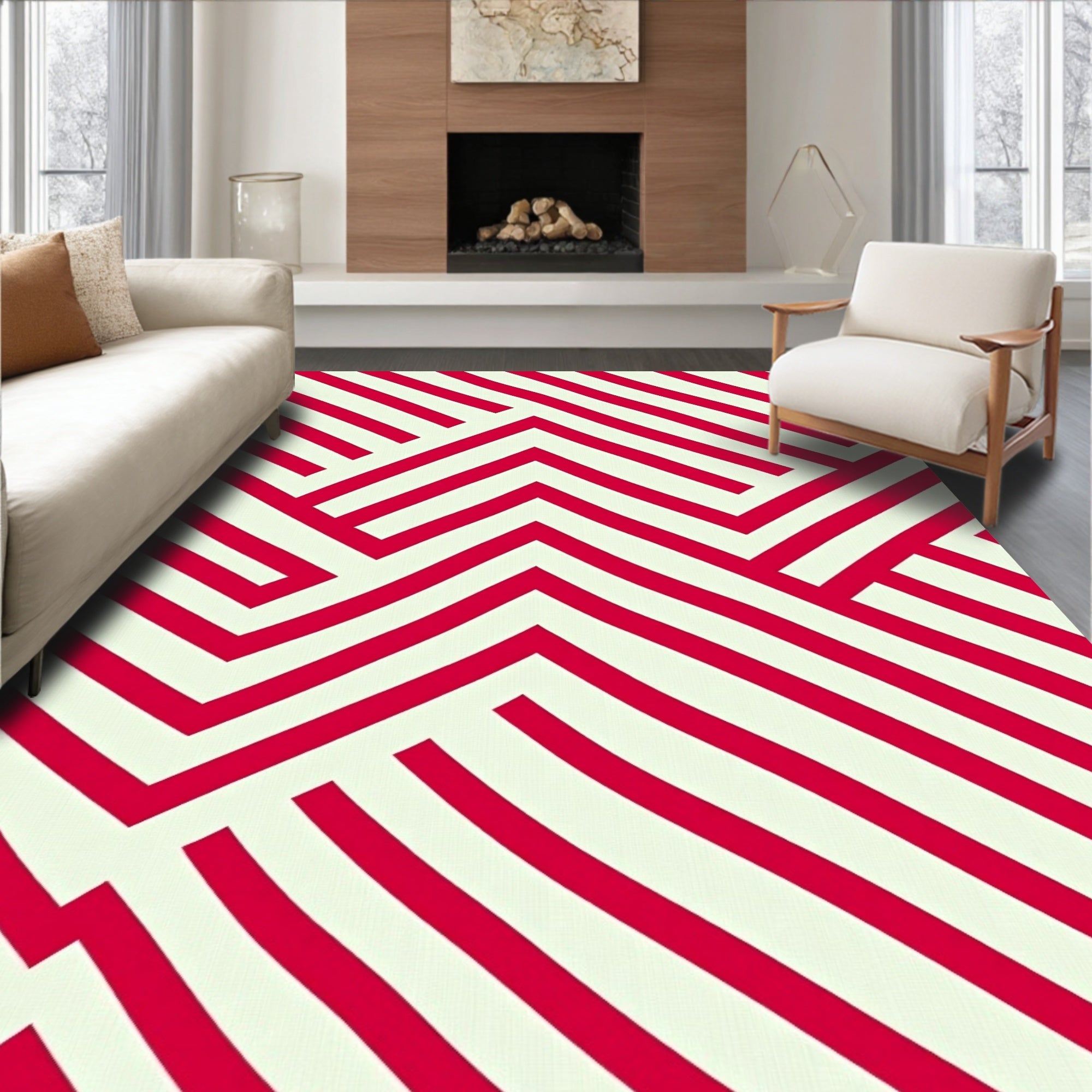 Red Cream Interlocking Geometric Lines Rug