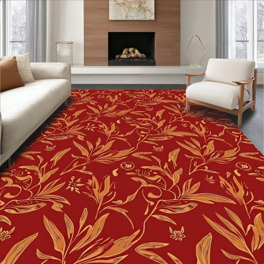 Ornate Red and Gold Floral Pattern Rug