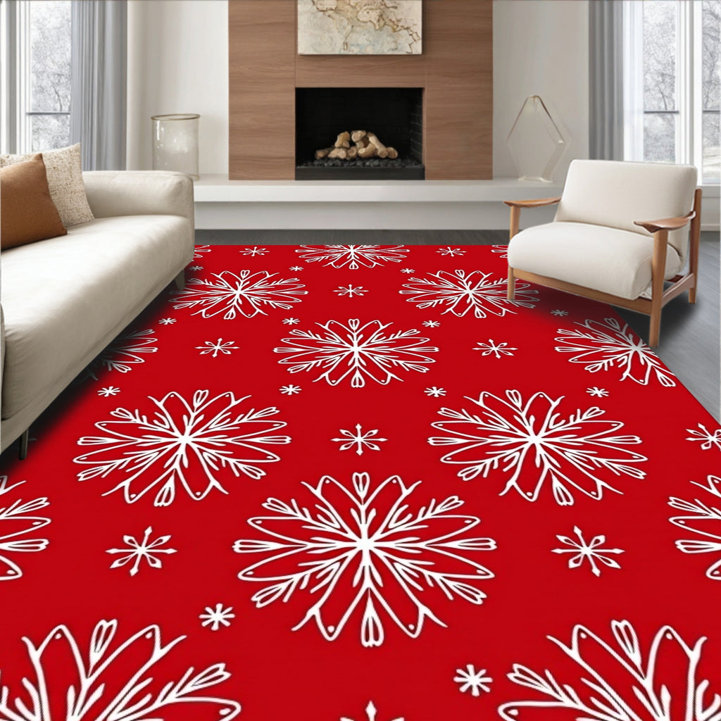 Red White Snowflake Pattern Rug