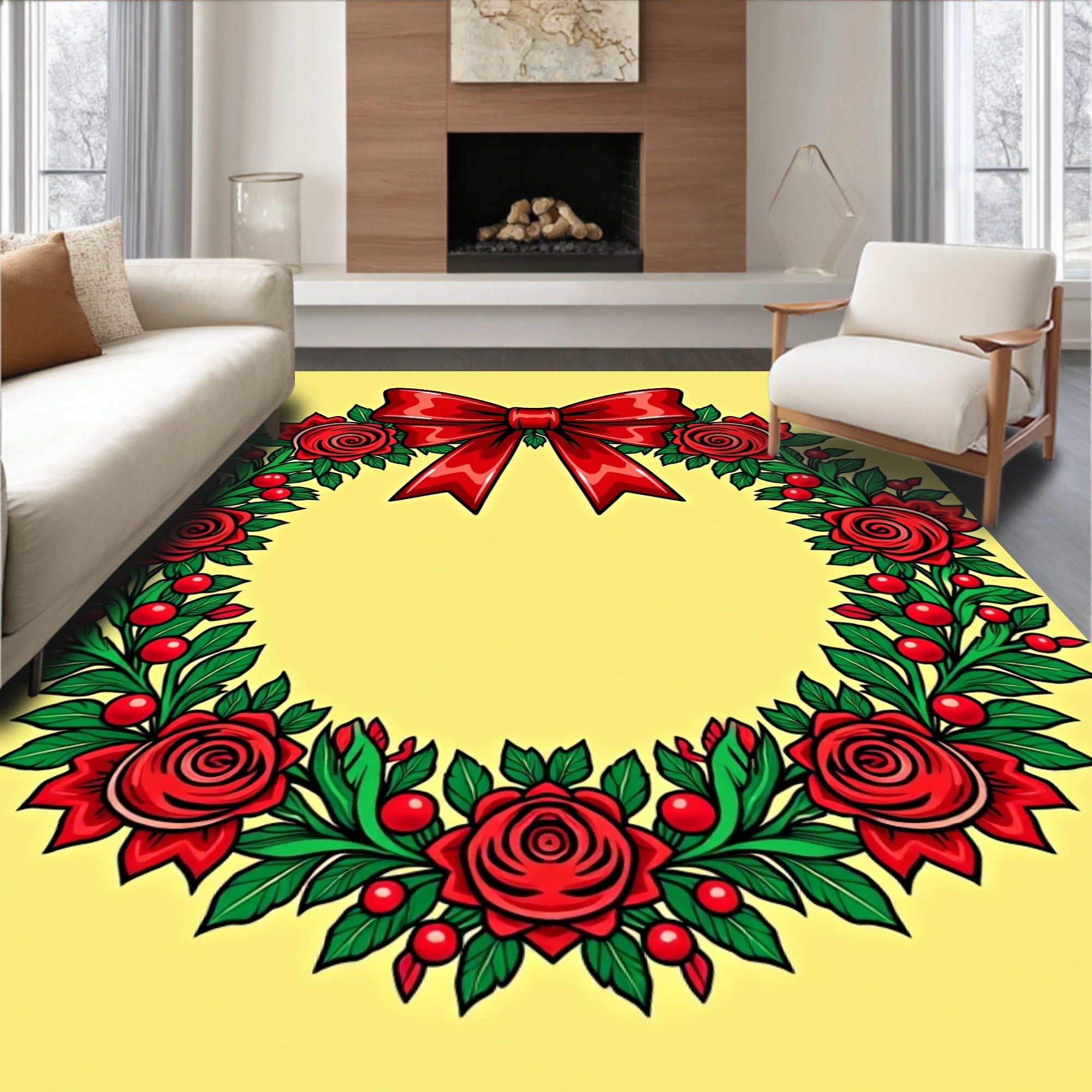 Floral Wreath With Red Bow Rug