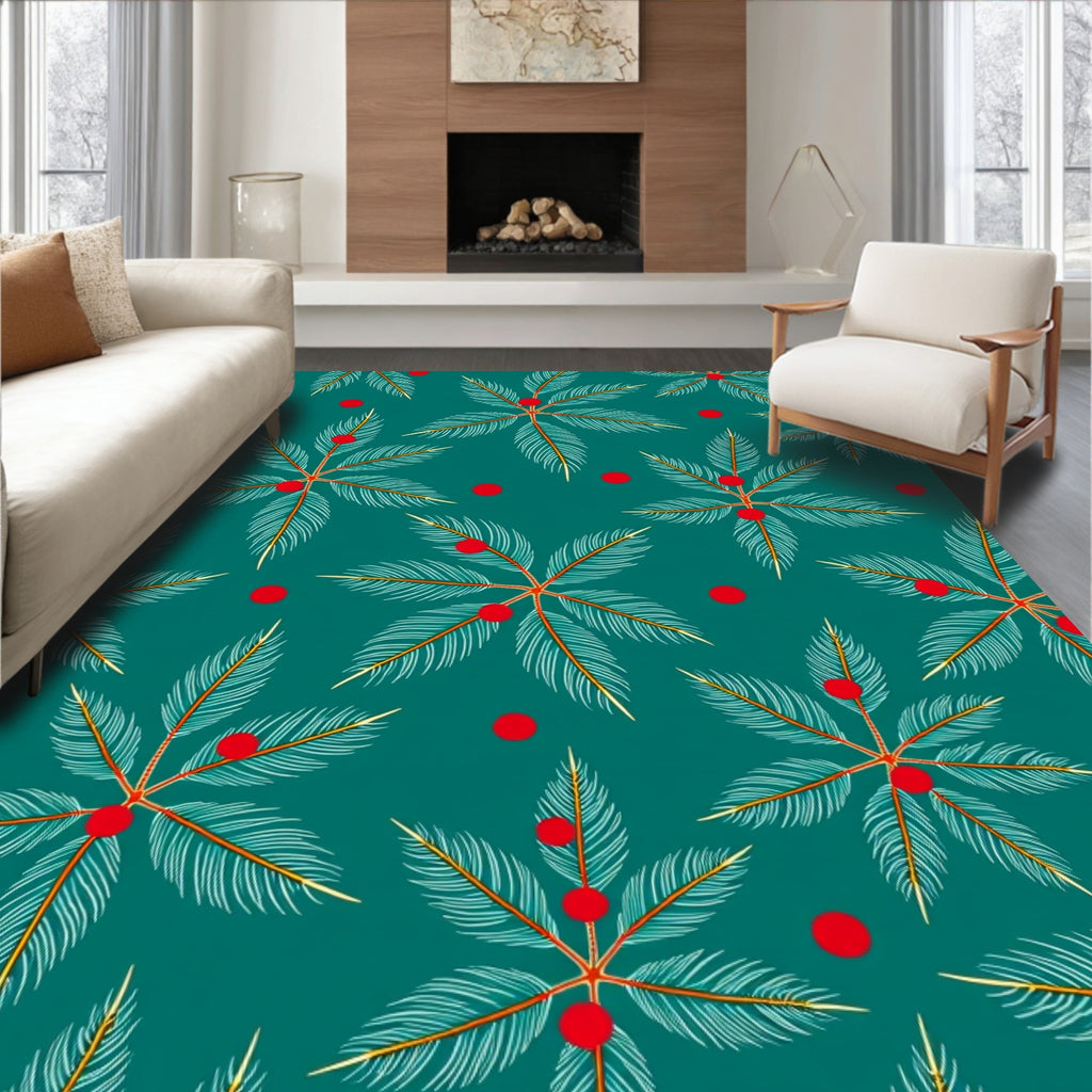 Green Teal Palm Leaf Red Berry Rug