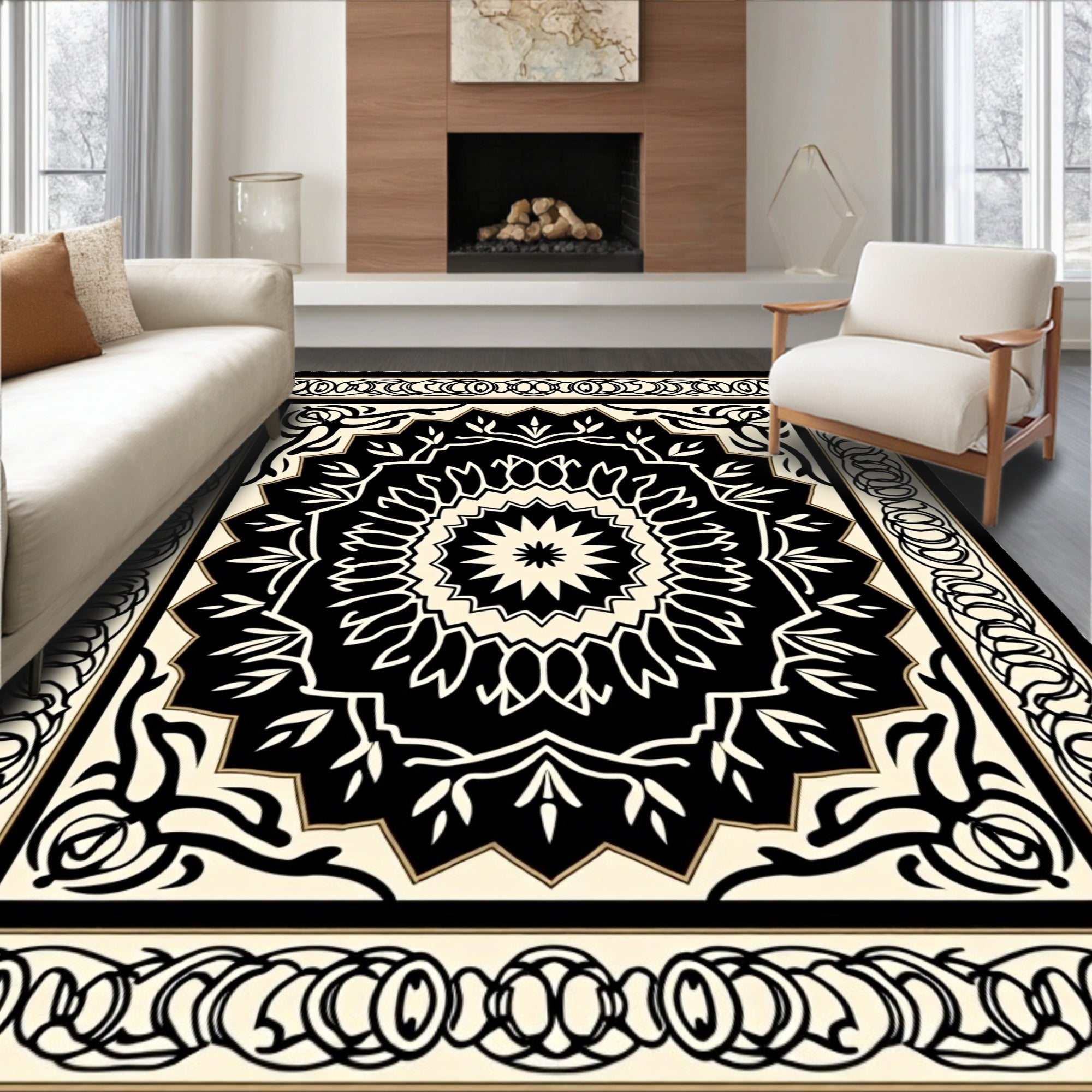 Intricate Black White Mandala Pattern Rug