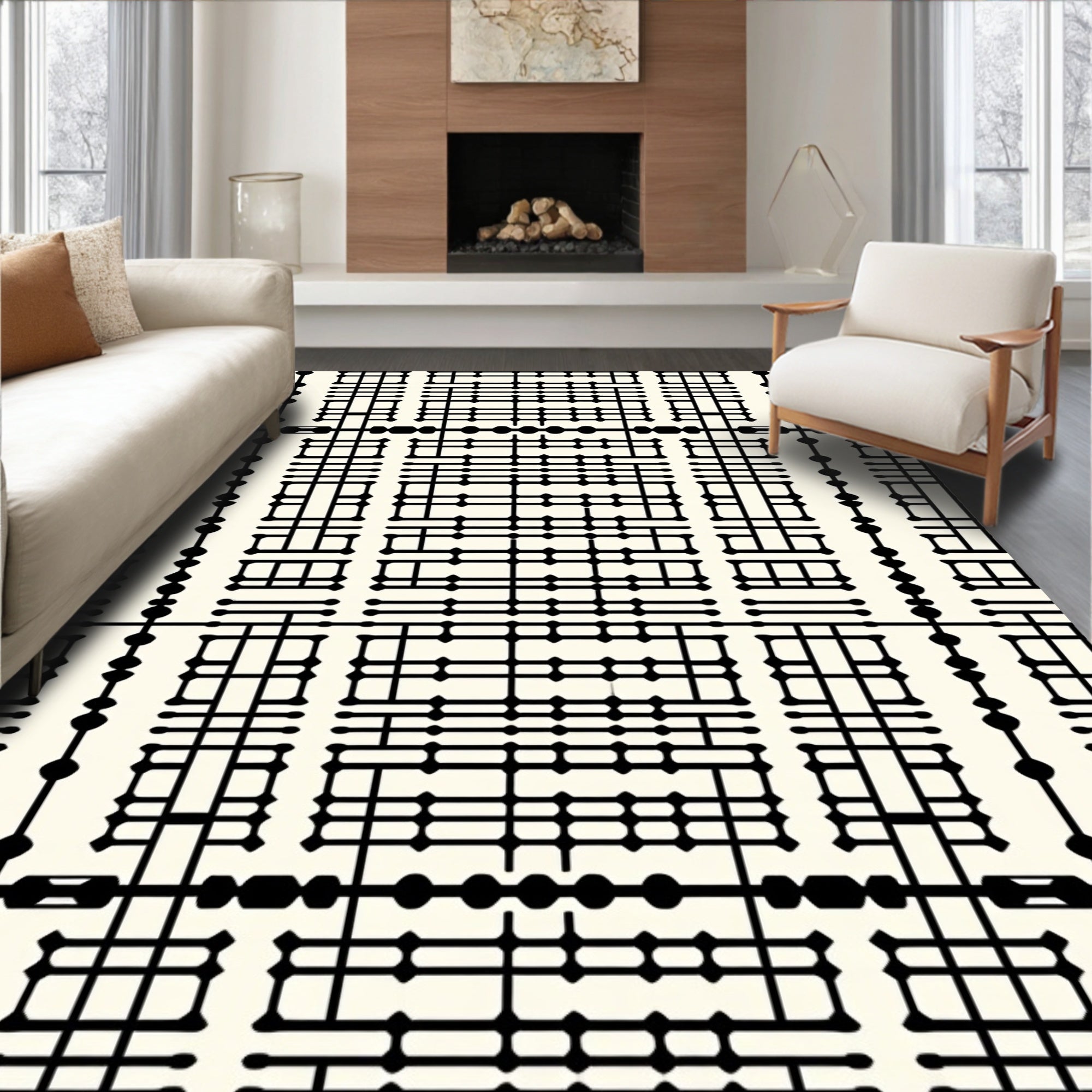 Modern Black Grid Dot Pattern Rug