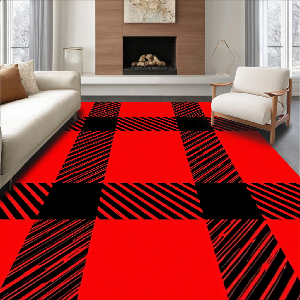 Red Black Plaid Checkered Pattern Rug