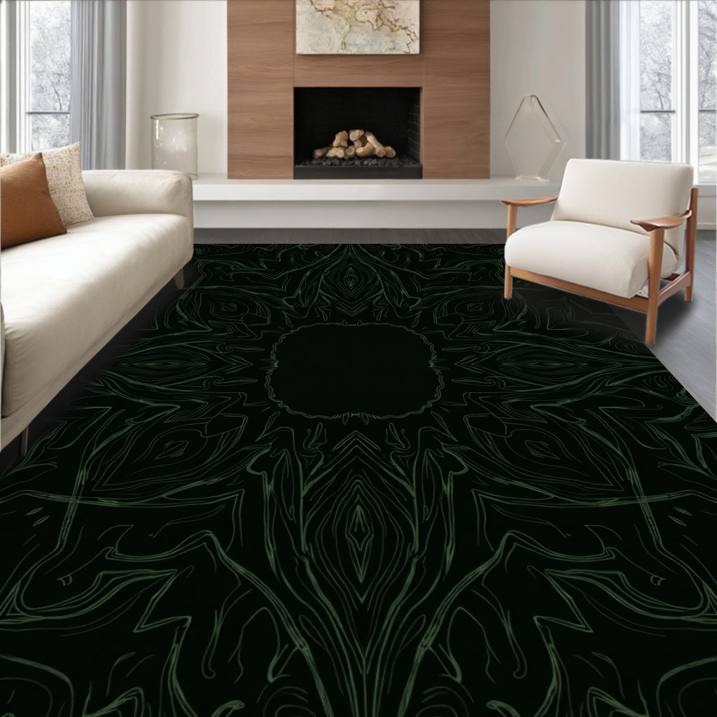 Dark Green Abstract Floral Motif Rug