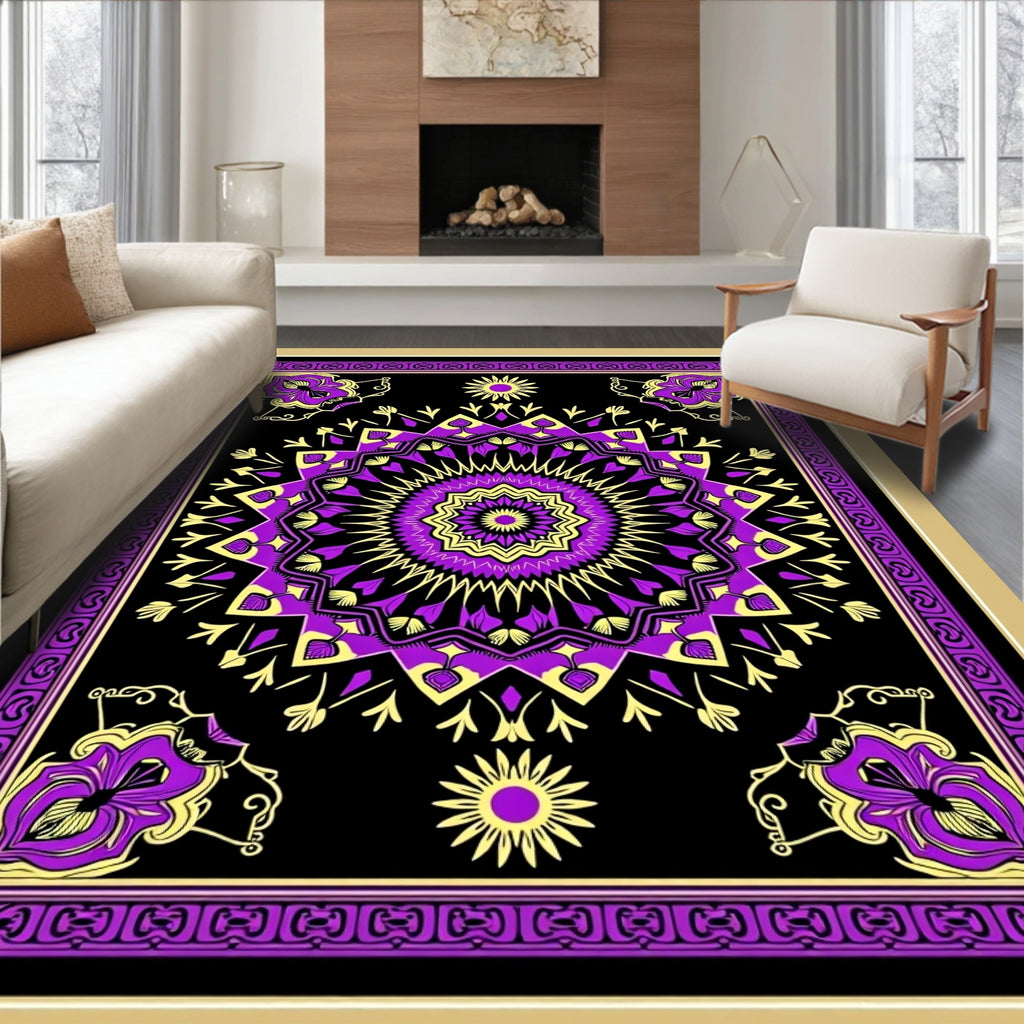 Vibrant Purple Yellow Mandala Pattern Rug