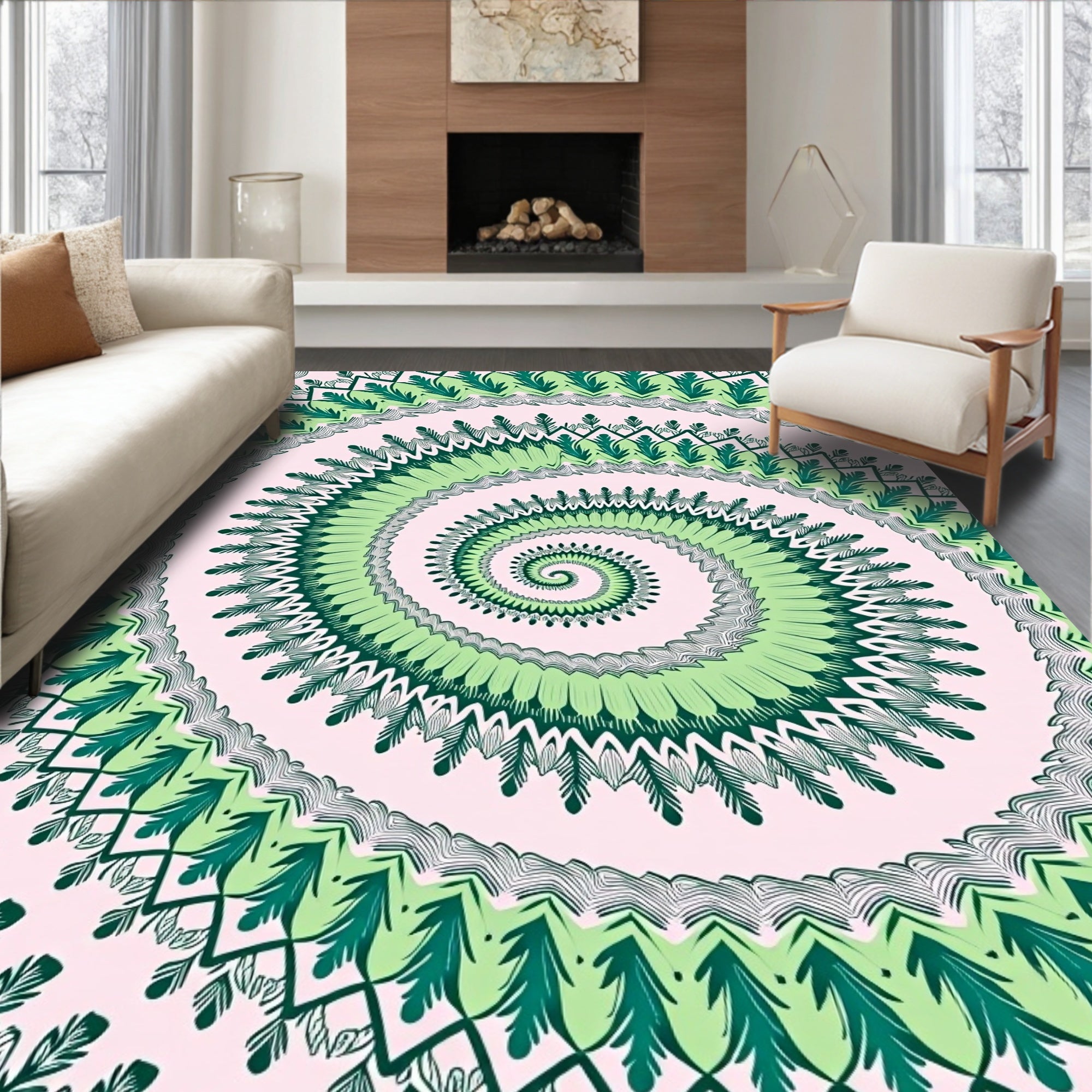 Green Leaf Mandala Spiral Rug