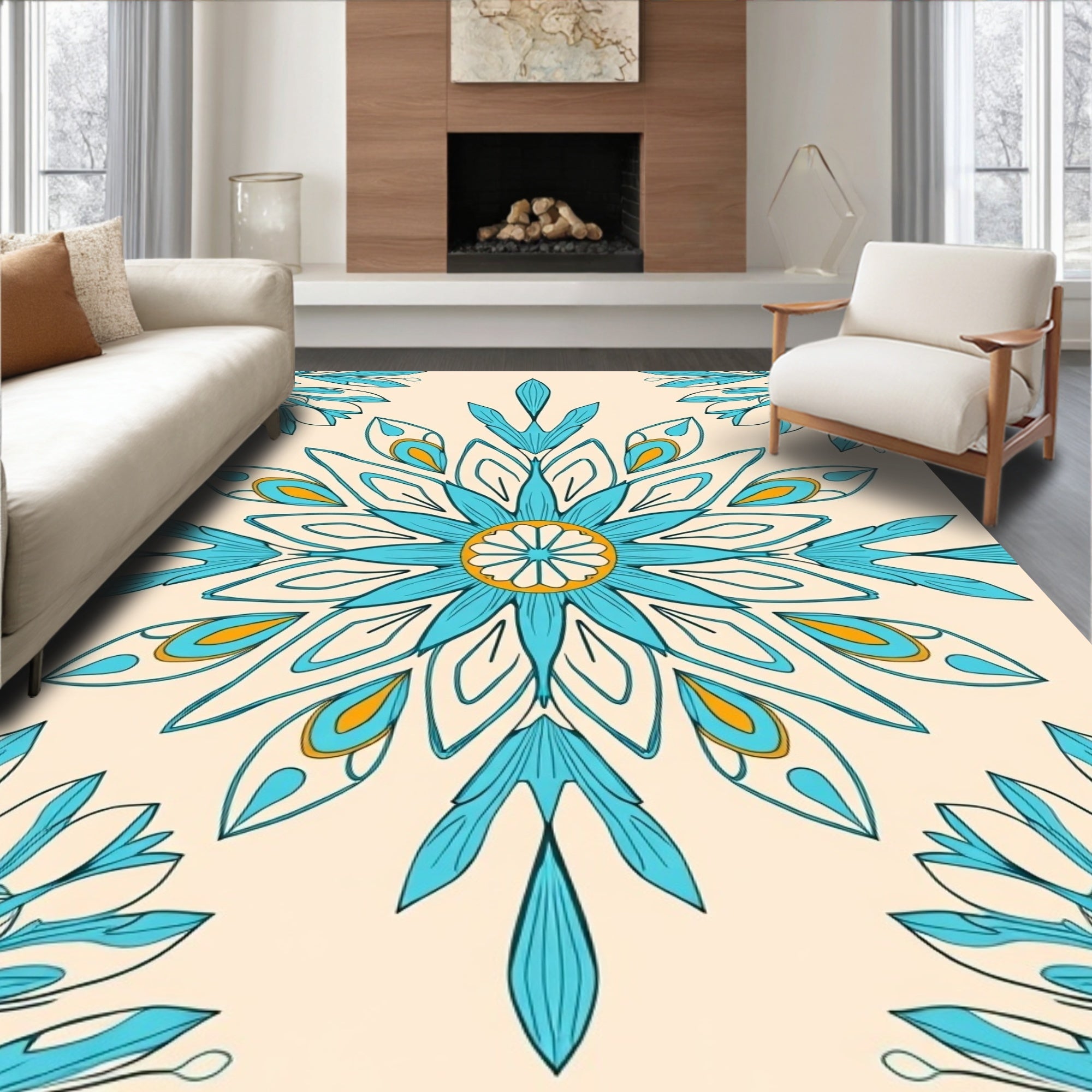 Mandala-Inspired Teal Yellow Floral Pattern Rug