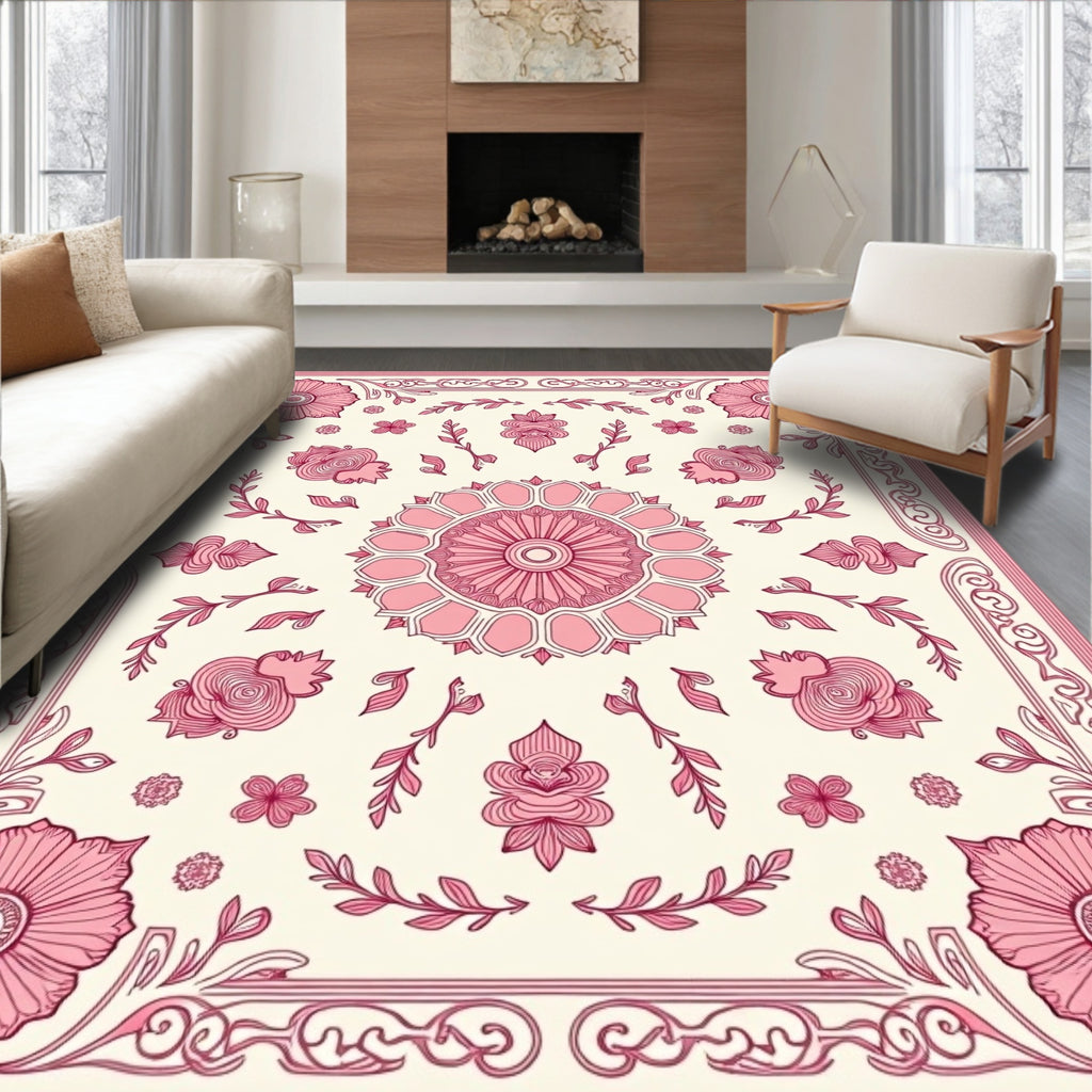 Pink Floral Medallion Mandala Tile Design Rug