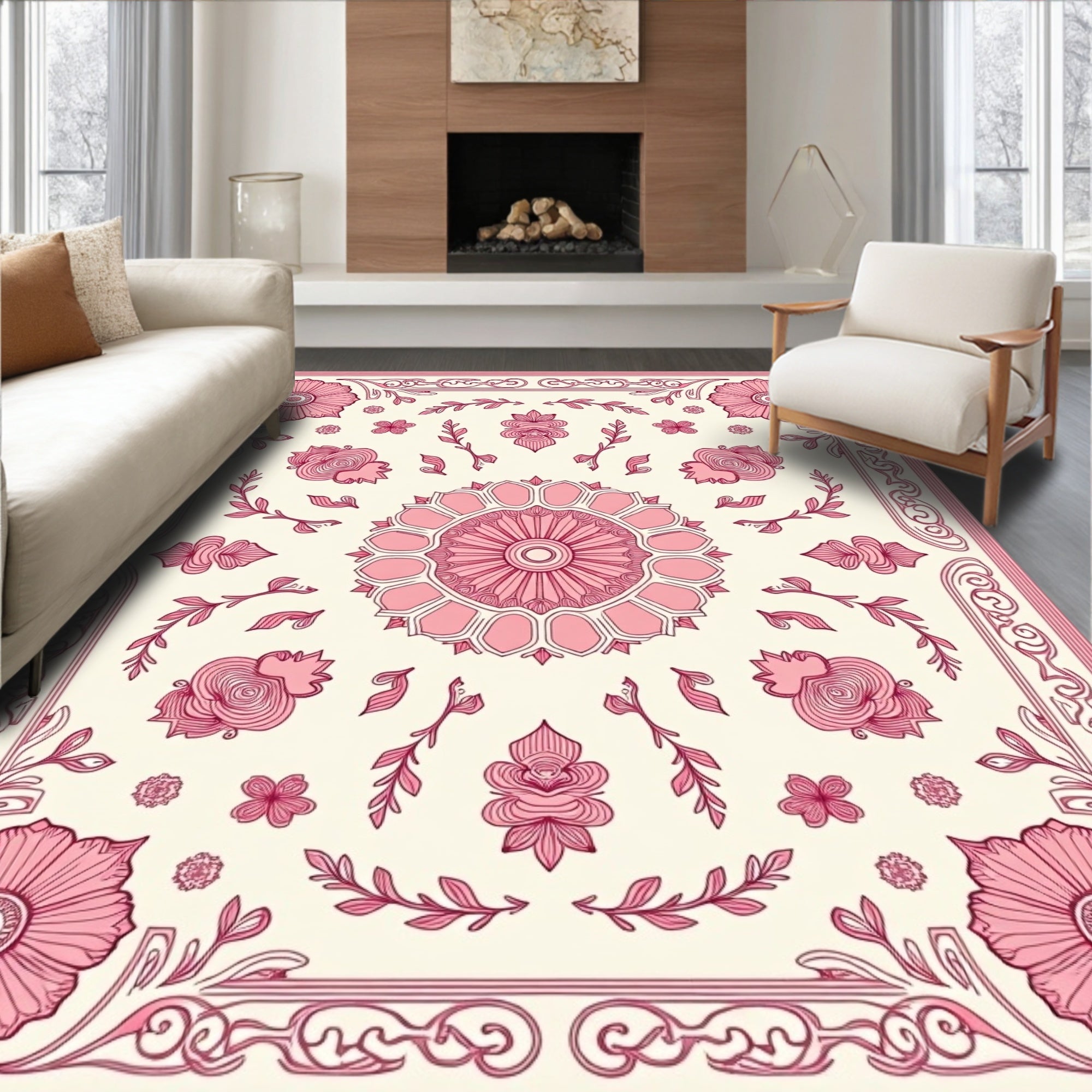 Pink Floral Medallion Mandala Tile Design Rug