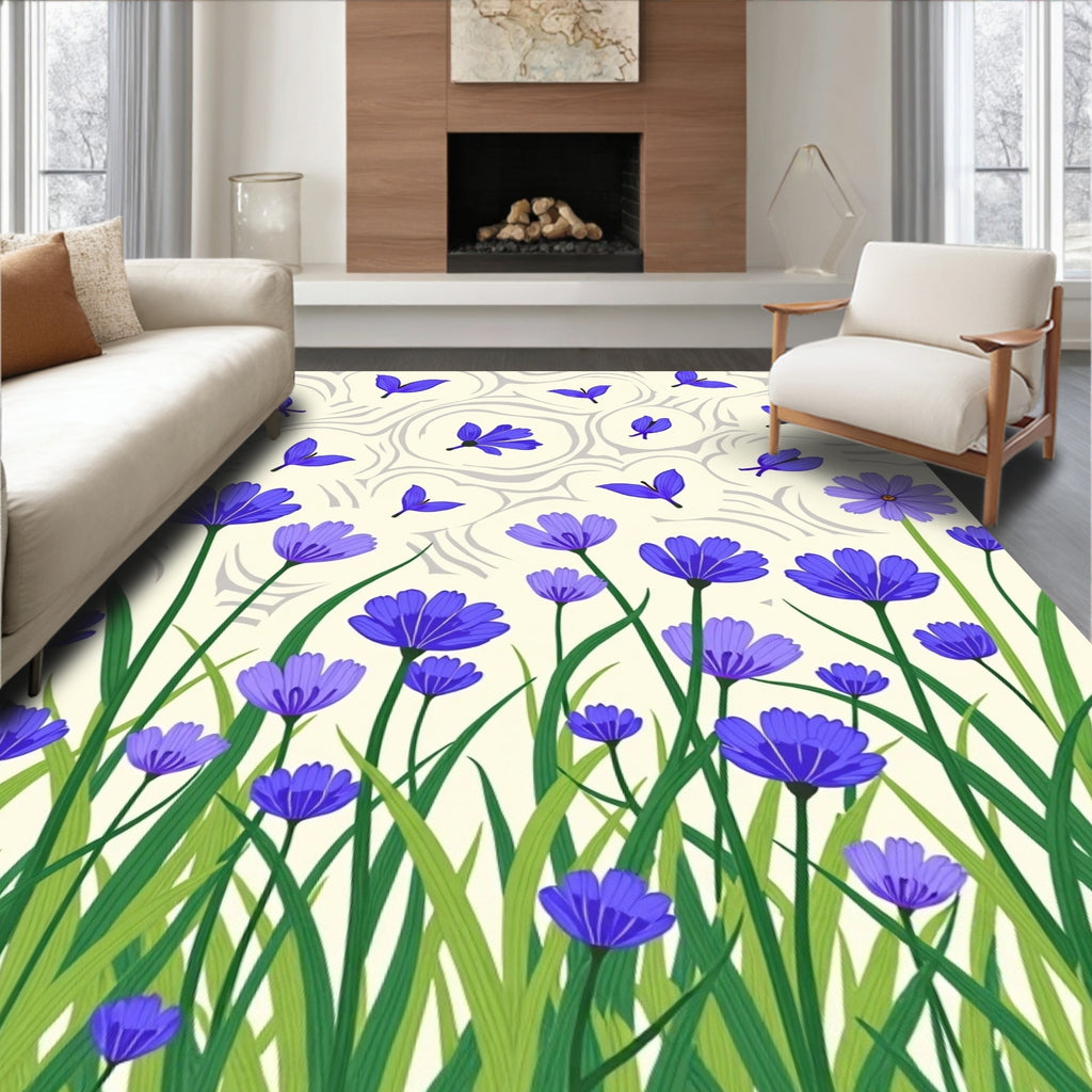 Vibrant Blue Floral Meadow Pattern Rug