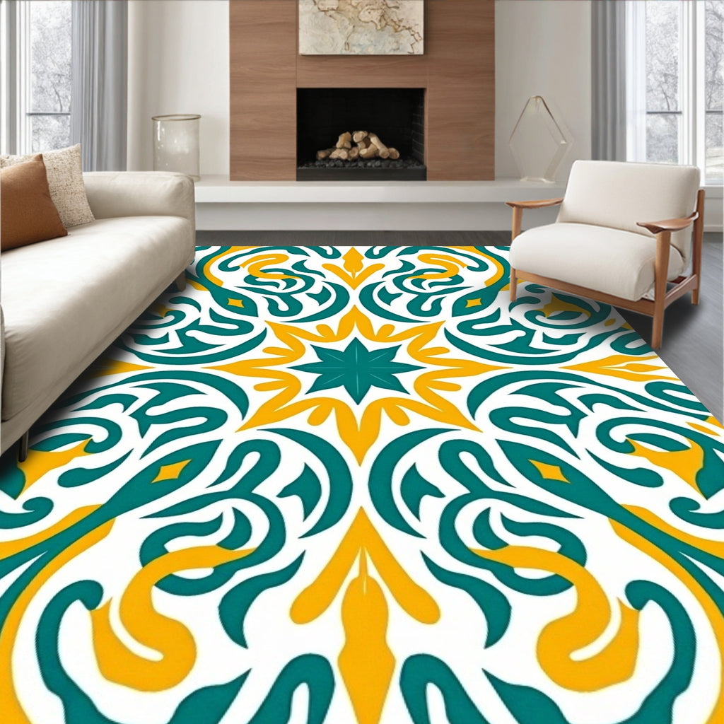 Bold Teal Gold Swirl Pattern Rug