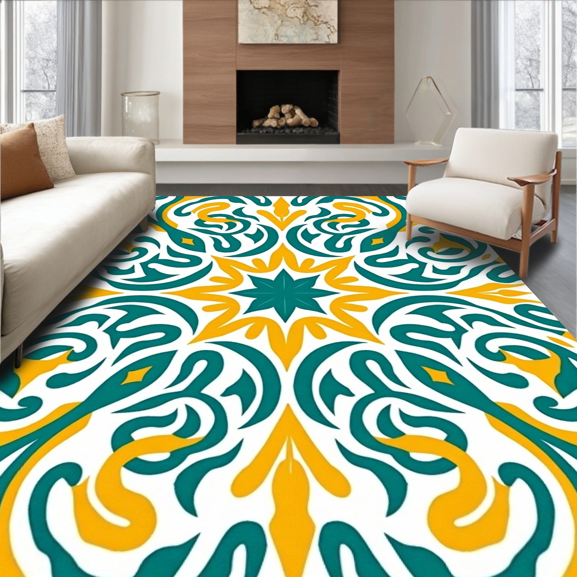 Bold Teal Gold Swirl Pattern Rug