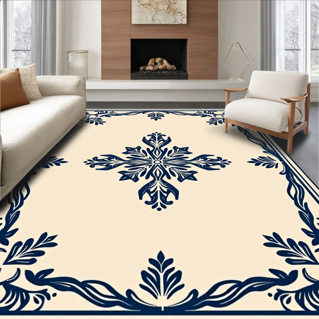 Navy Blue Floral Scrollwork Pattern Rug