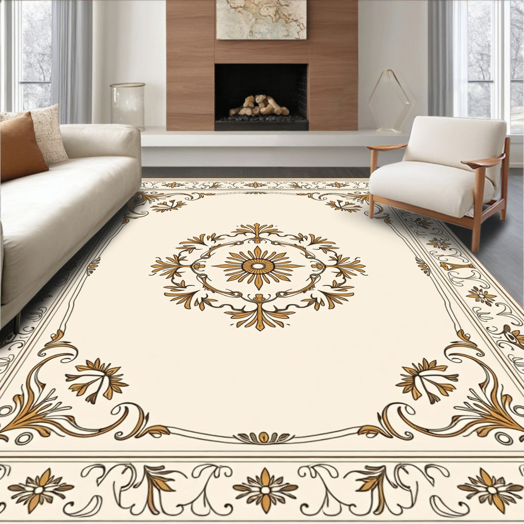 Ornate Gold Floral Scrollwork Rug