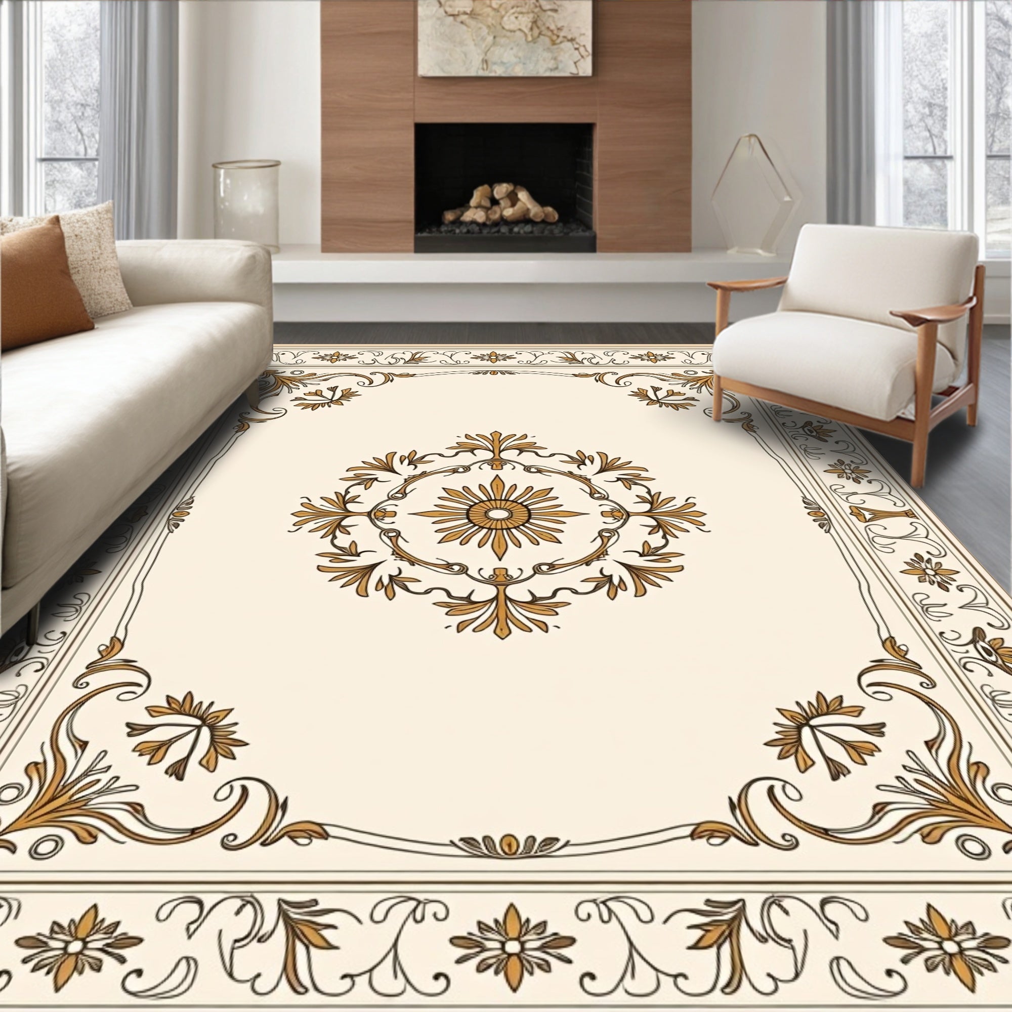 Ornate Gold Floral Scrollwork Rug
