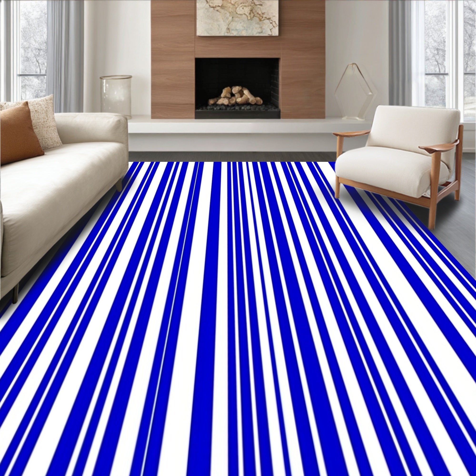 Classic Blue White Vertical Stripe Rug
