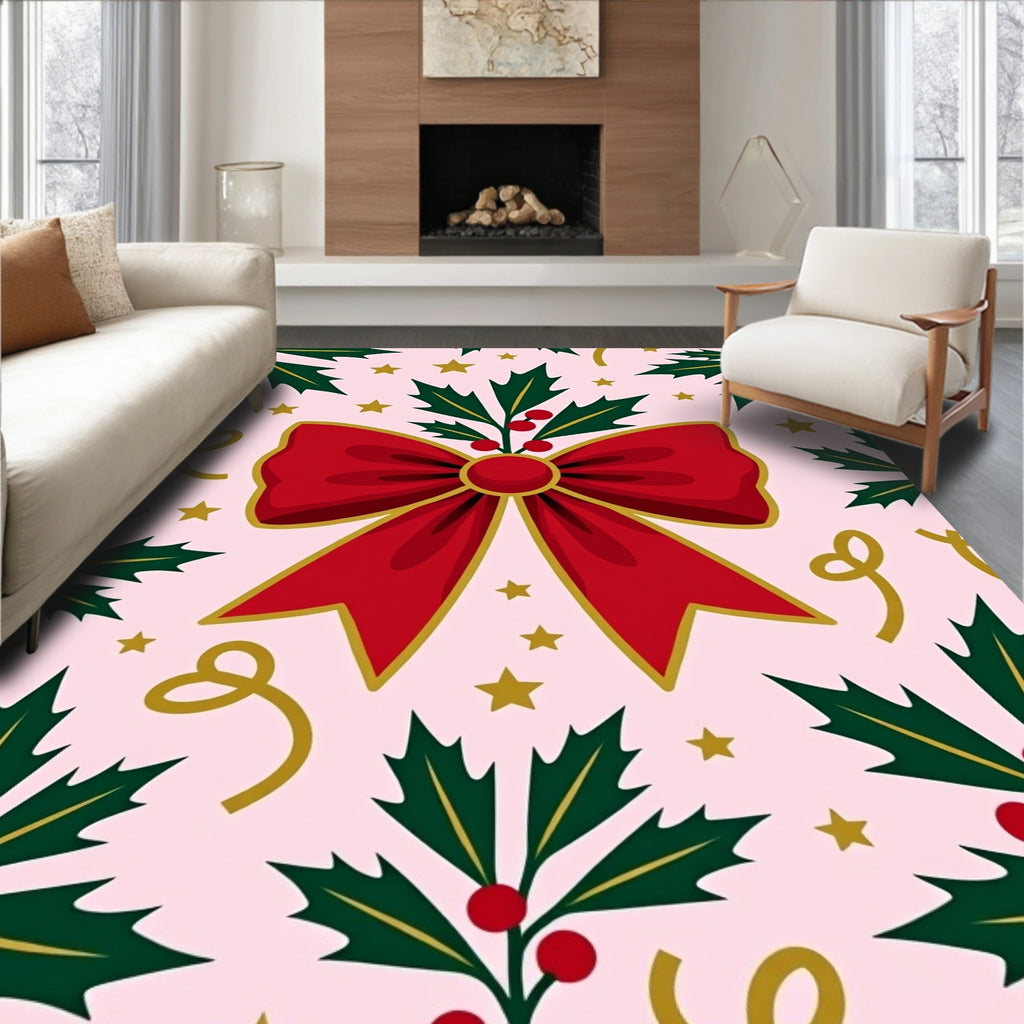 Festive Red Holly Bow Stars Rug