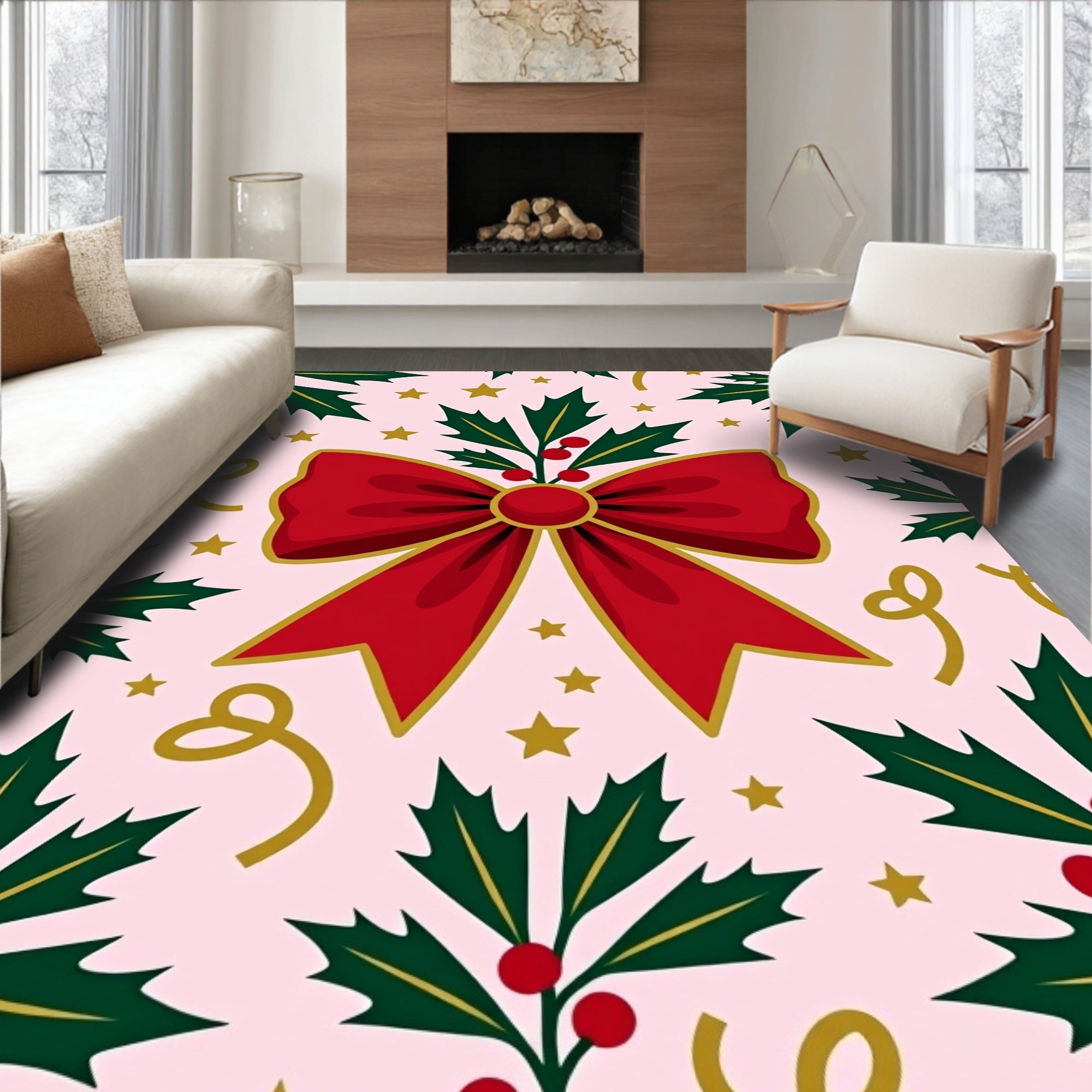 Festive Red Holly Bow Stars Rug