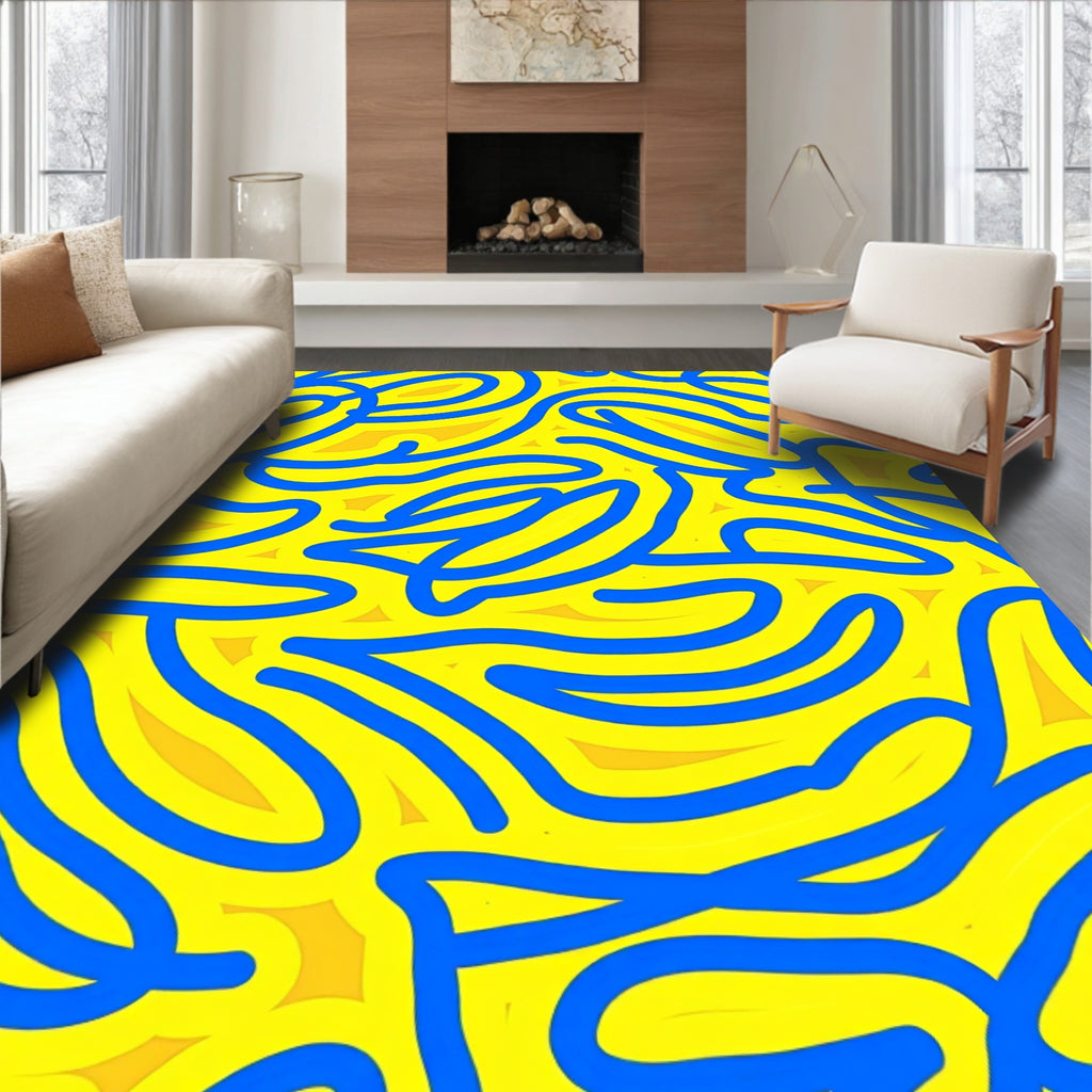 Bold Blue Abstract Yellow Flow Rug