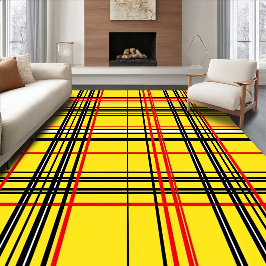 Vibrant Yellow Red Black Plaid Design Rug
