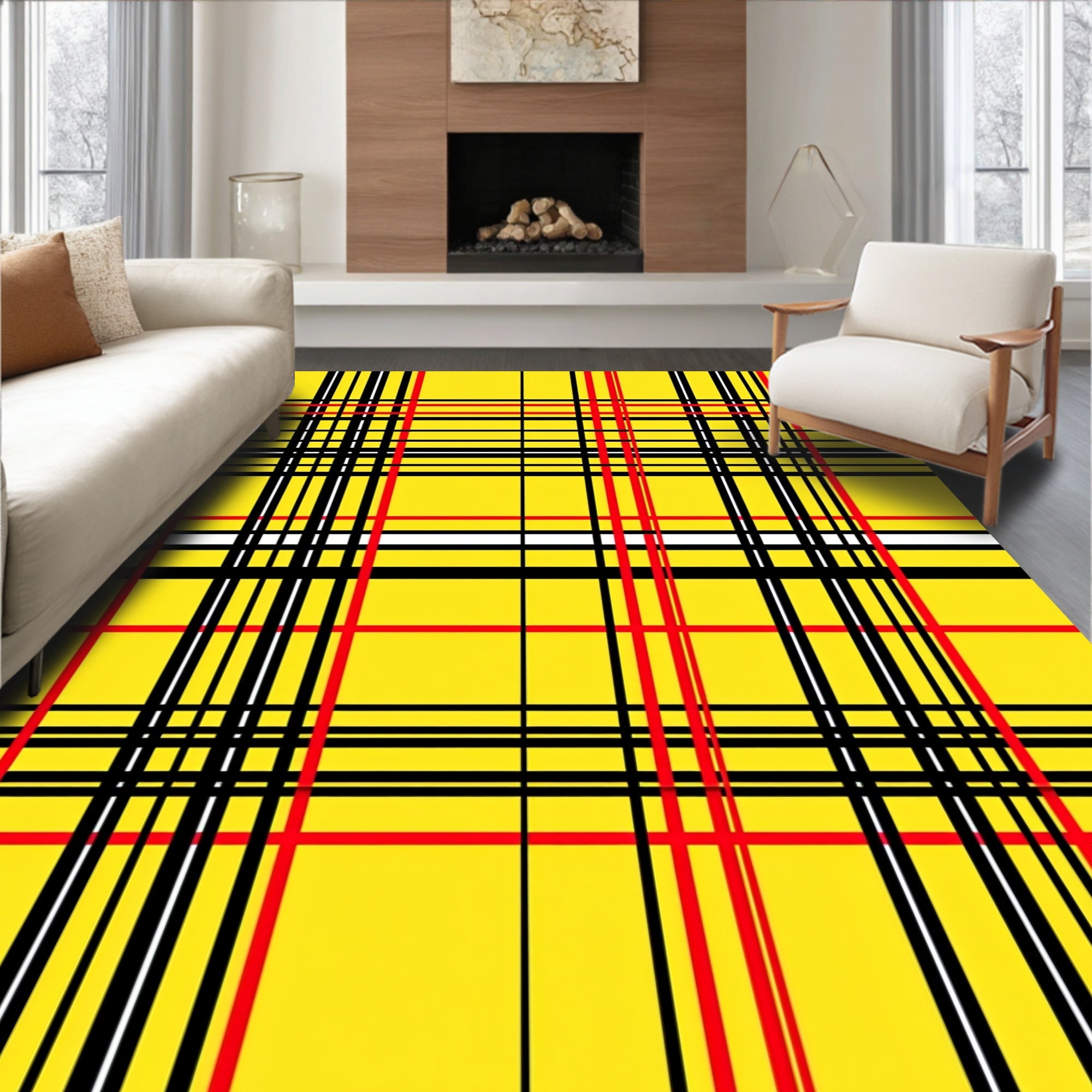 Vibrant Yellow Red Black Plaid Design Rug