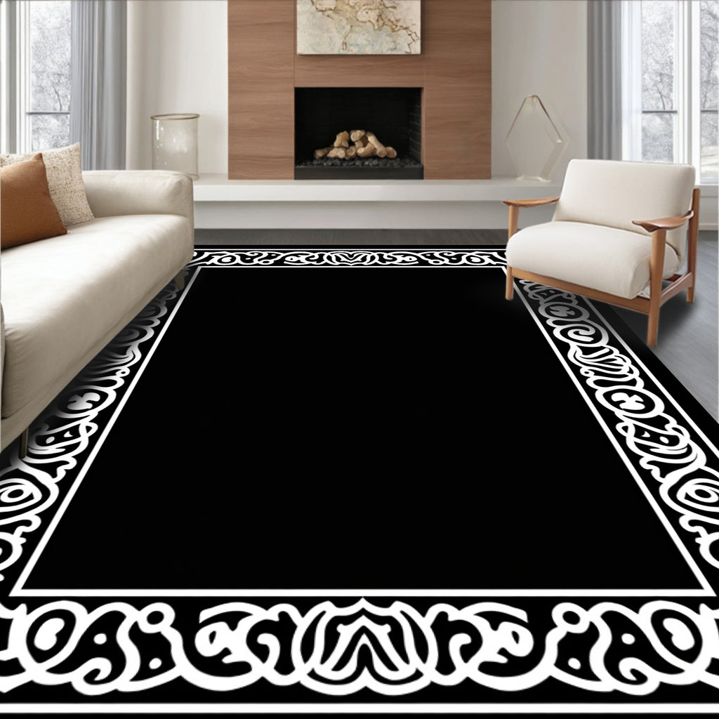 Black White Ornate Scroll Border Rug