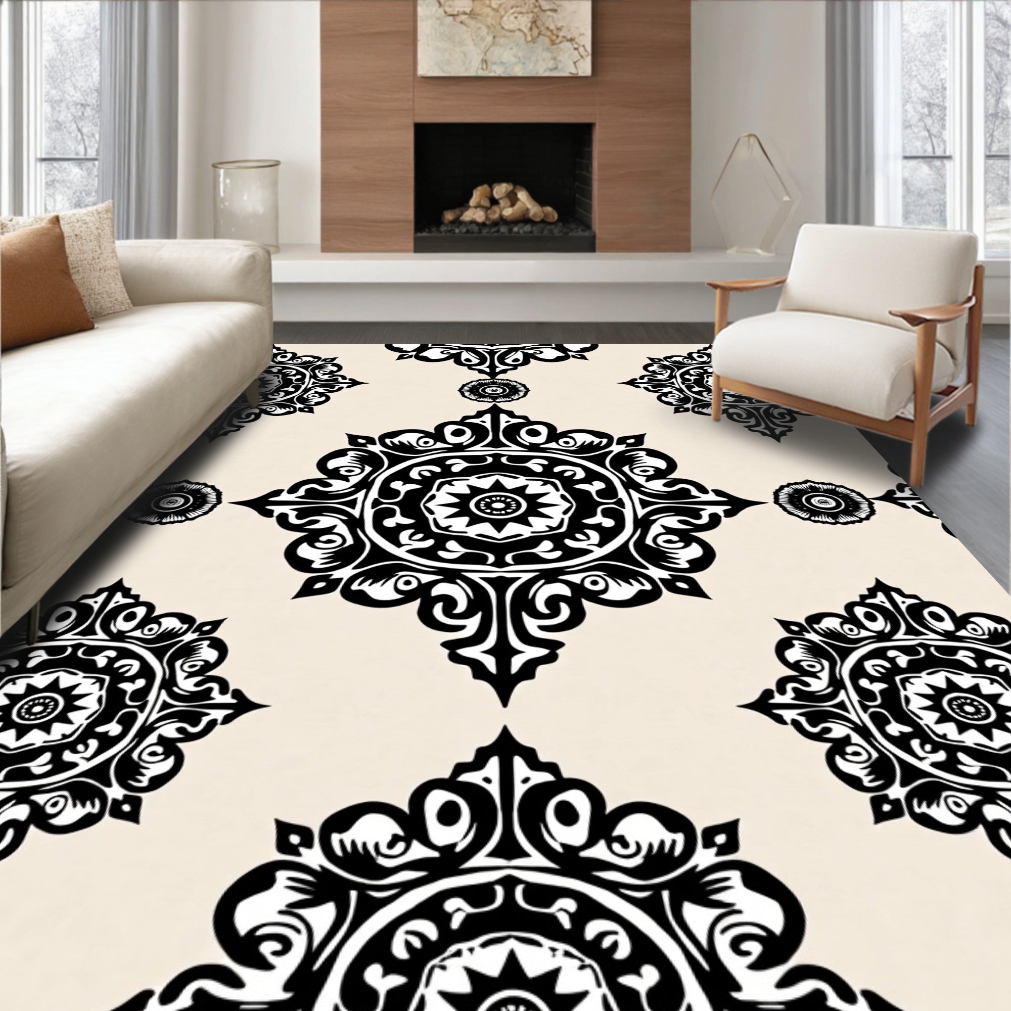 Intricate Black Medallion Pattern Rug