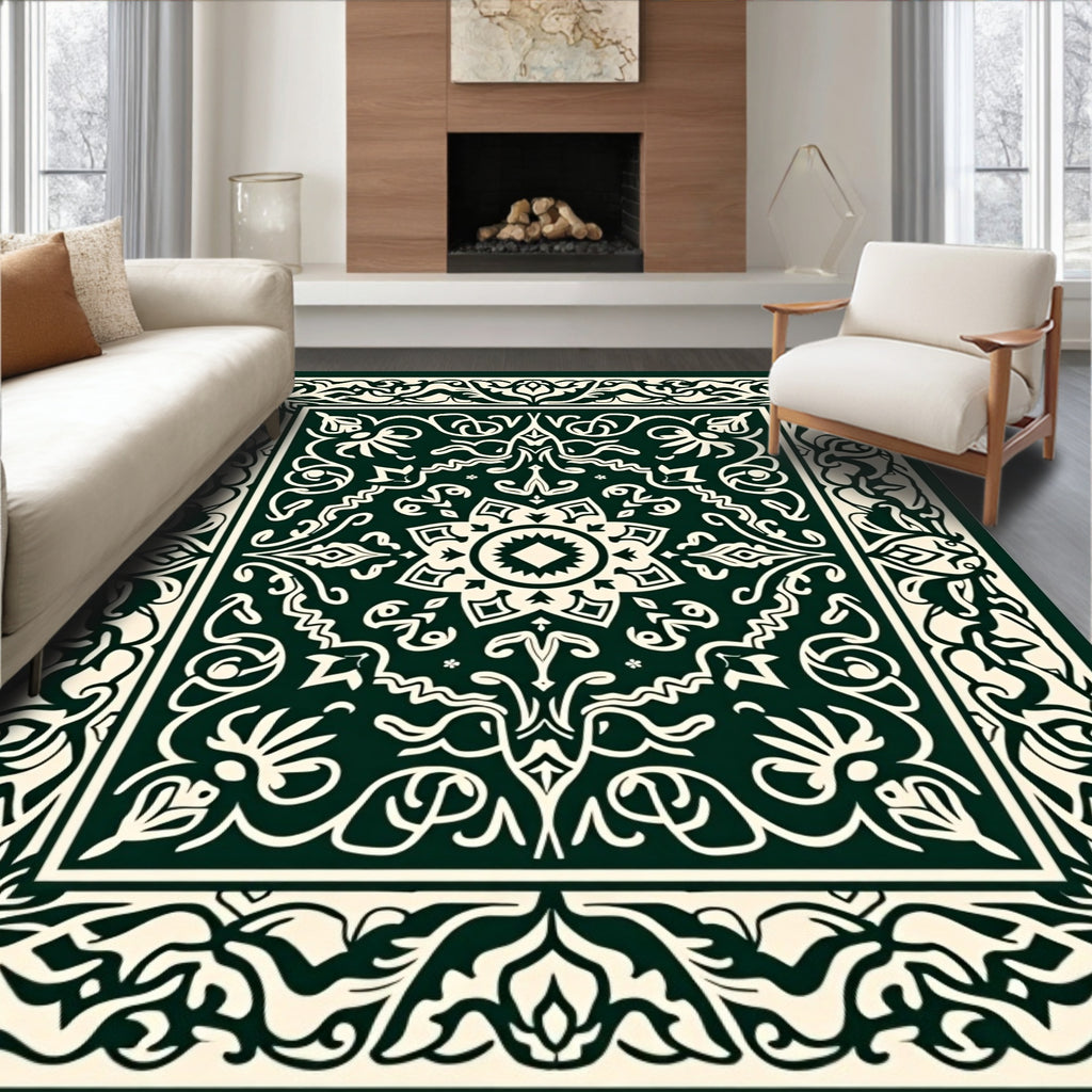 Dark Green Ivory Intricate Floral Pattern Rug