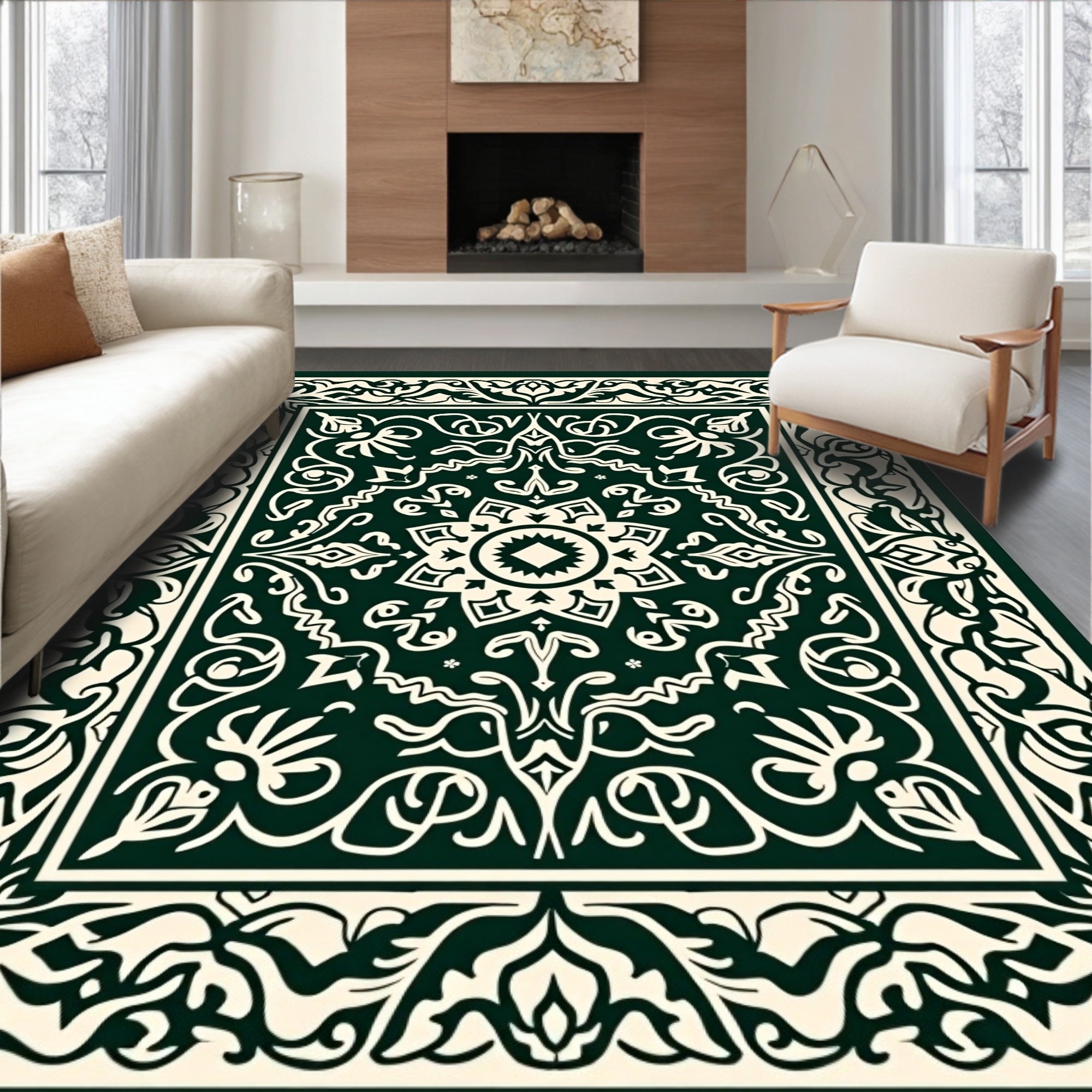 Dark Green Ivory Intricate Floral Pattern Rug