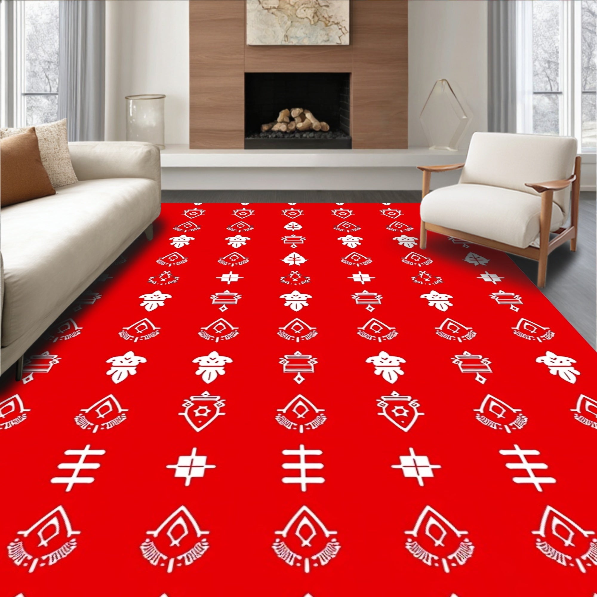 Red White Tribal Geometric Design Rug