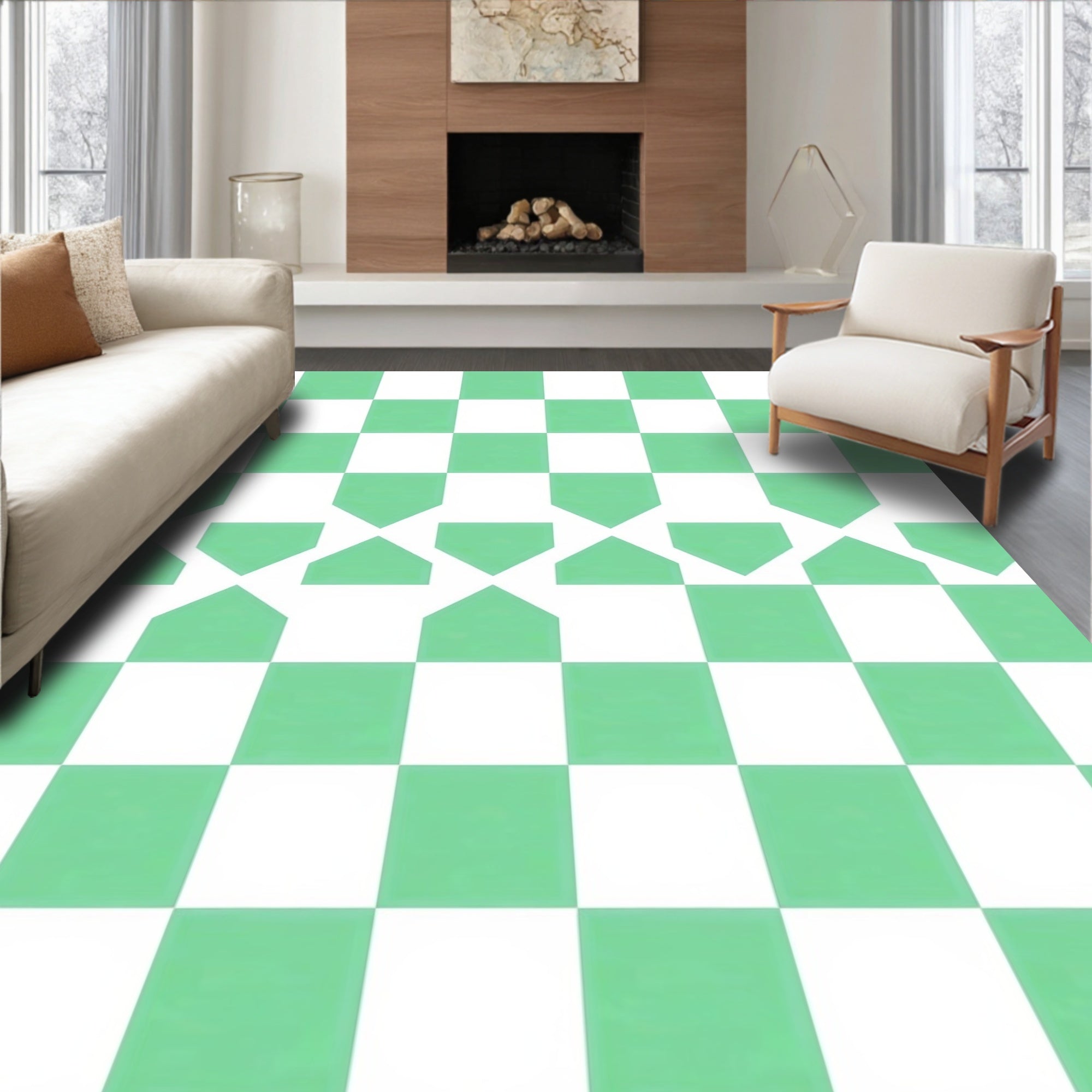 Mint Green White Geometric Pattern Rug