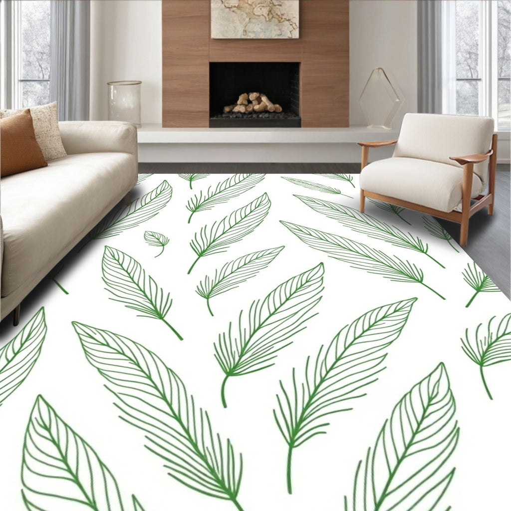 Green Feather Line Art Pattern Rug