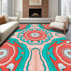 Coral Teal Abstract Sunburst Pattern Rug