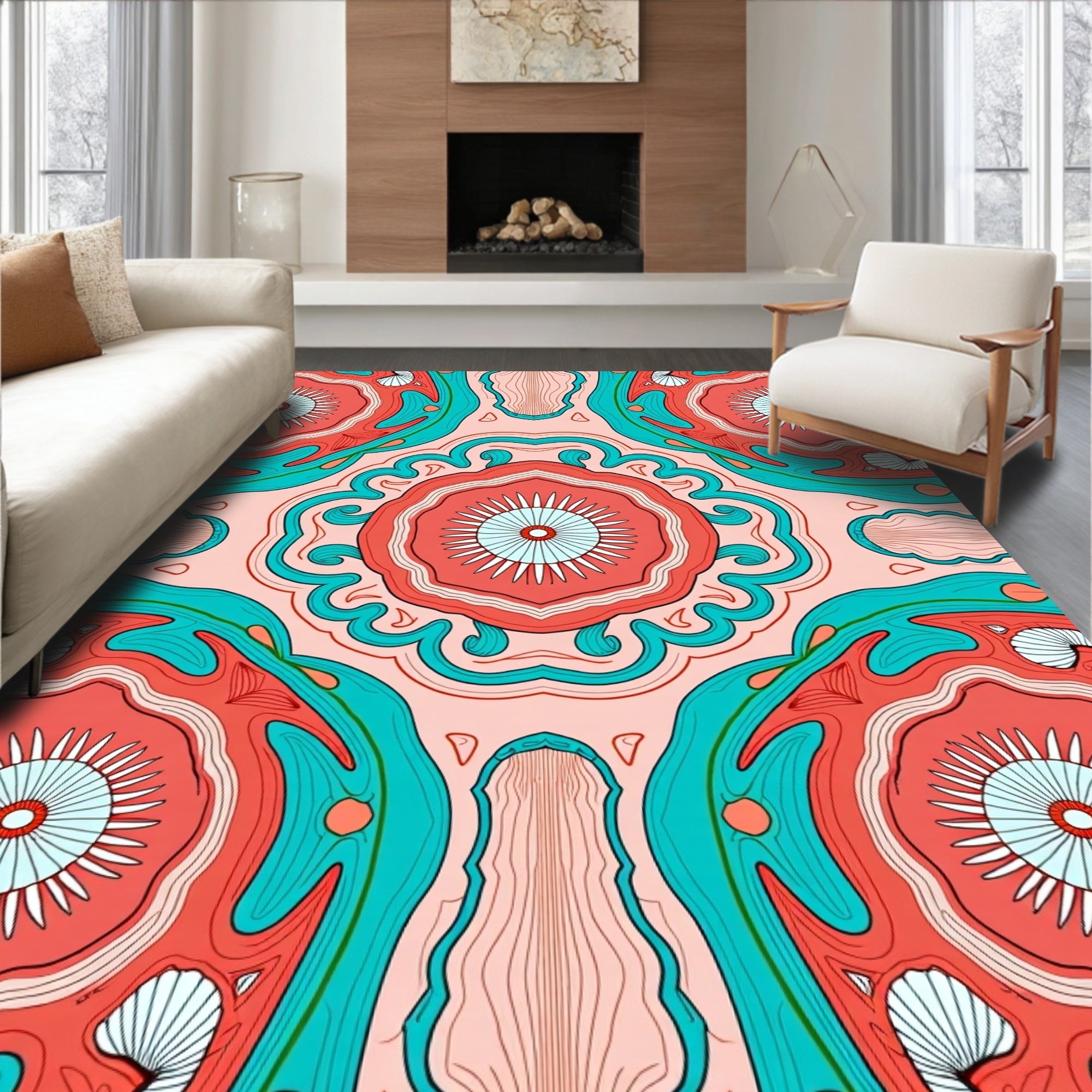 Coral Teal Abstract Sunburst Pattern Rug