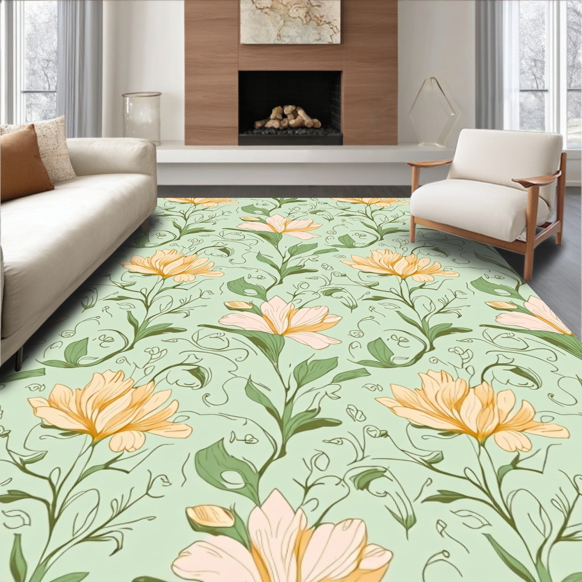 Ethereal Peach Floral Botanical Design Rug