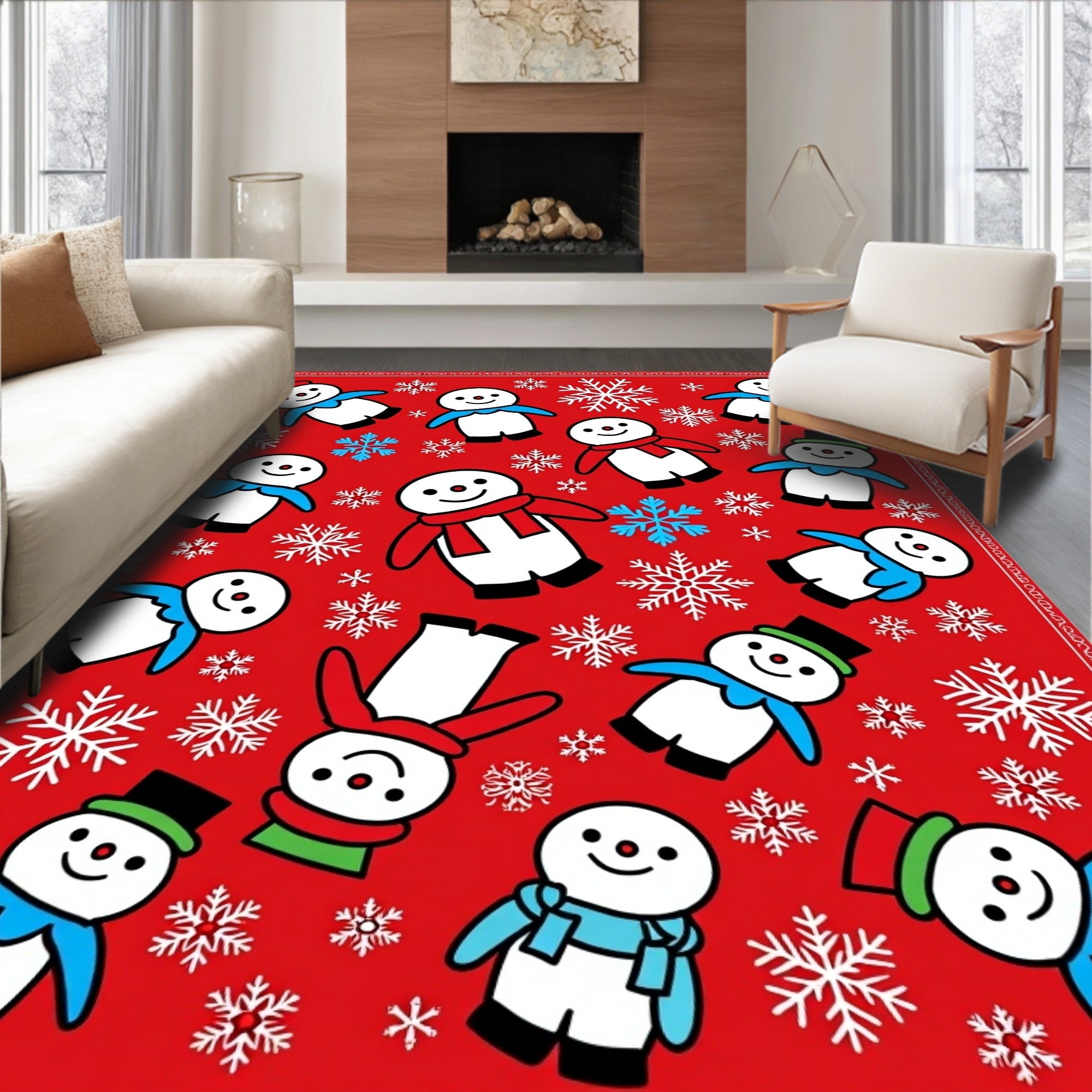 Merry Snowman Red Snowflake Party Rug