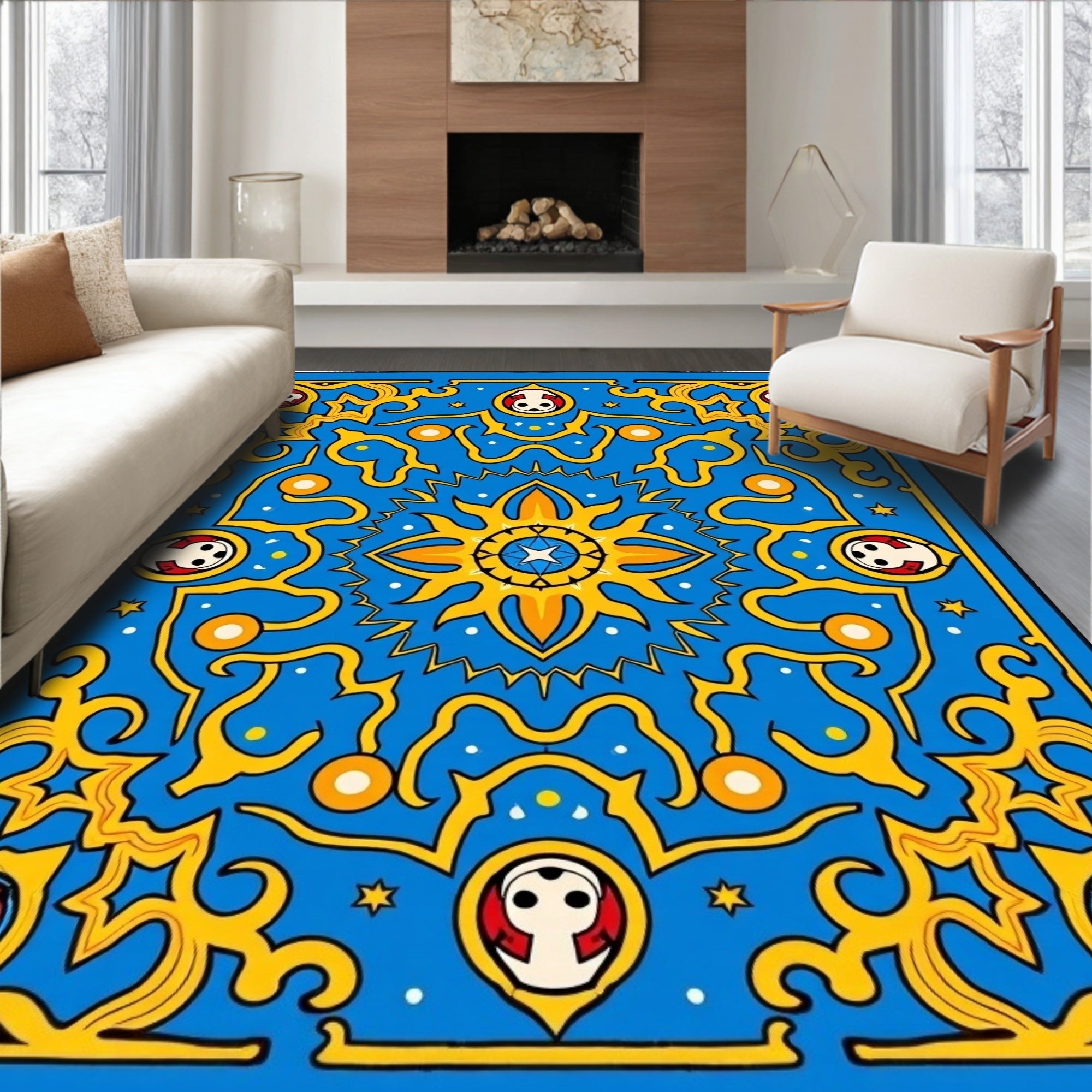 Azure Golden Sunburst Medallion Rug