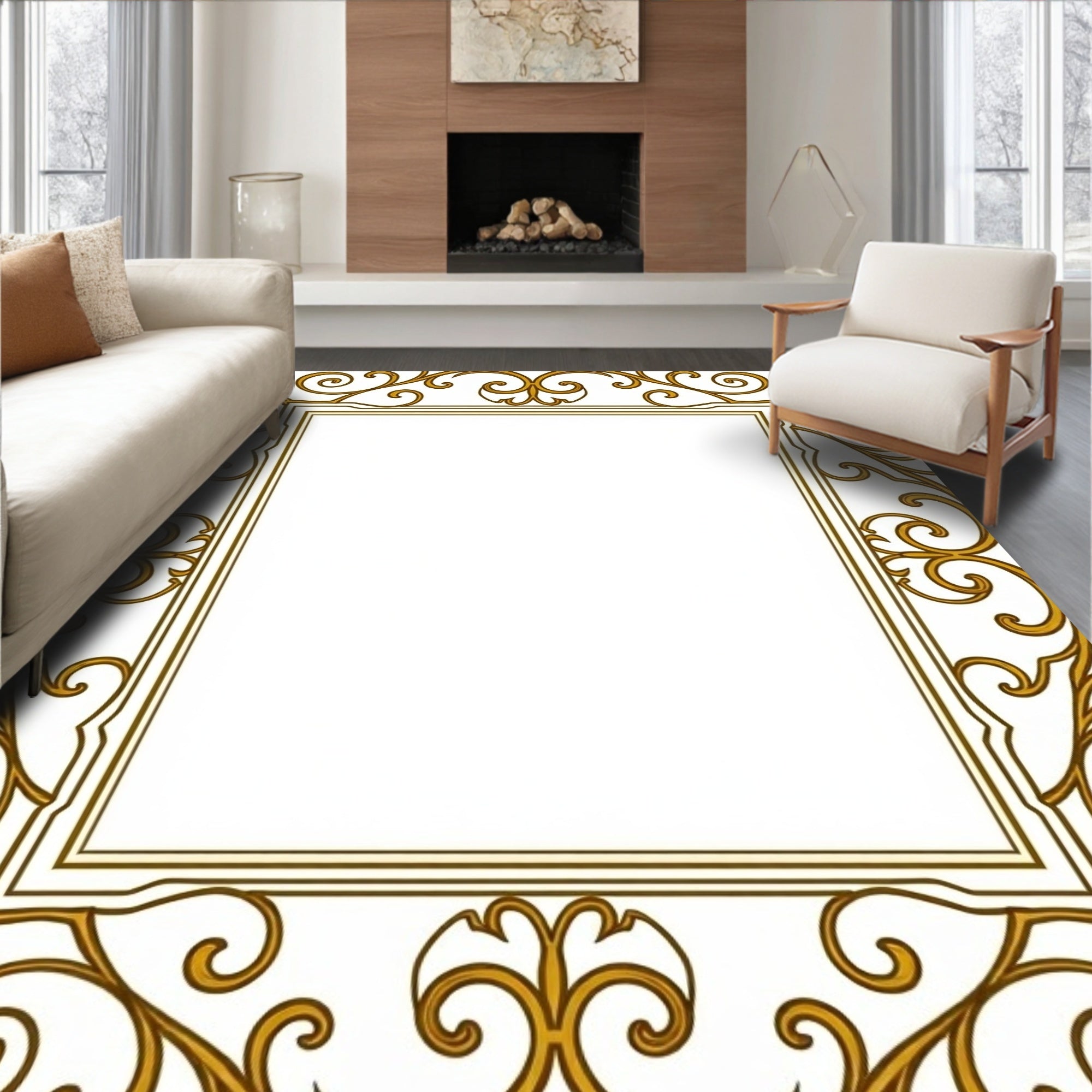 Ornate Gold Scrollwork Square Rug