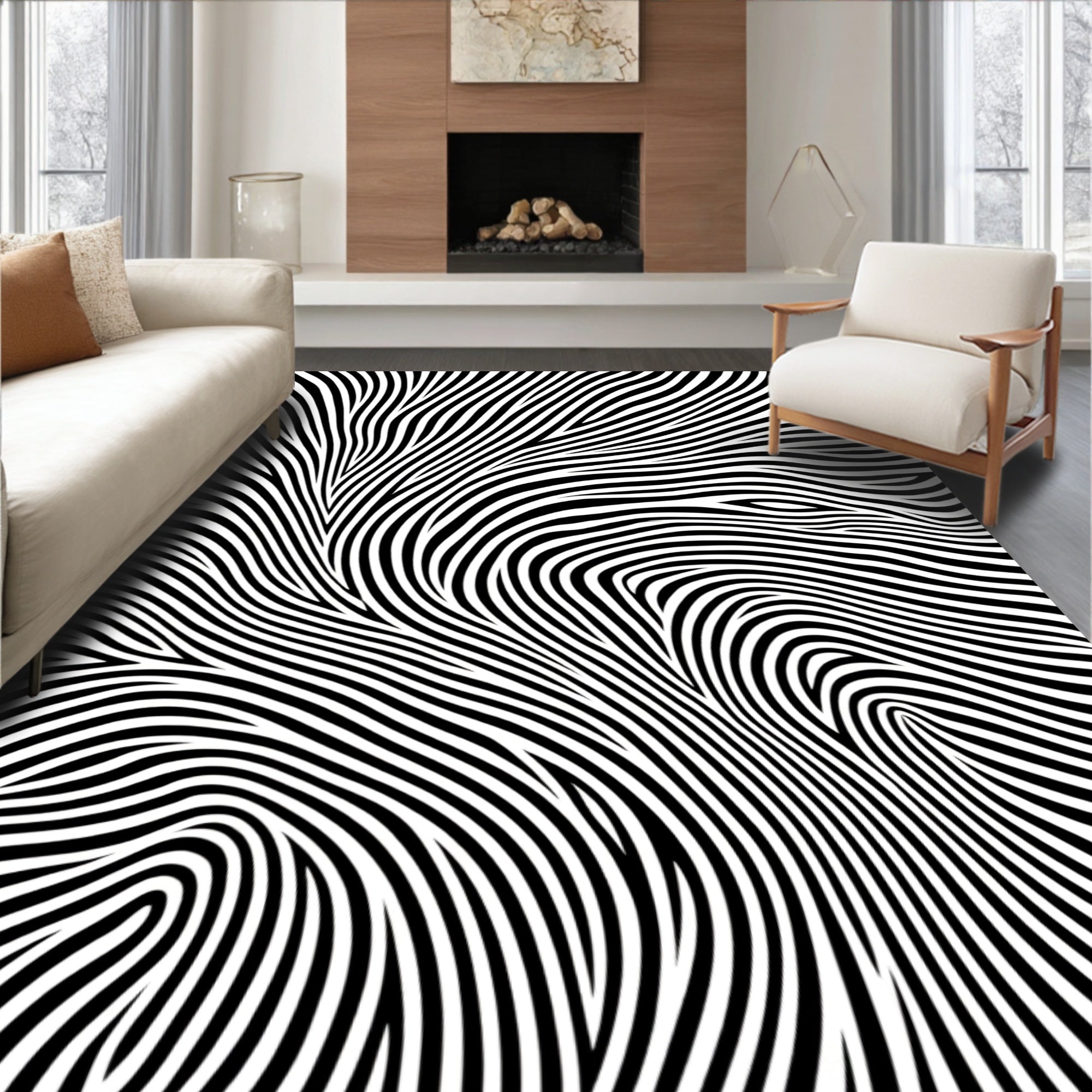 Bold Black White Striped Abstract Rug