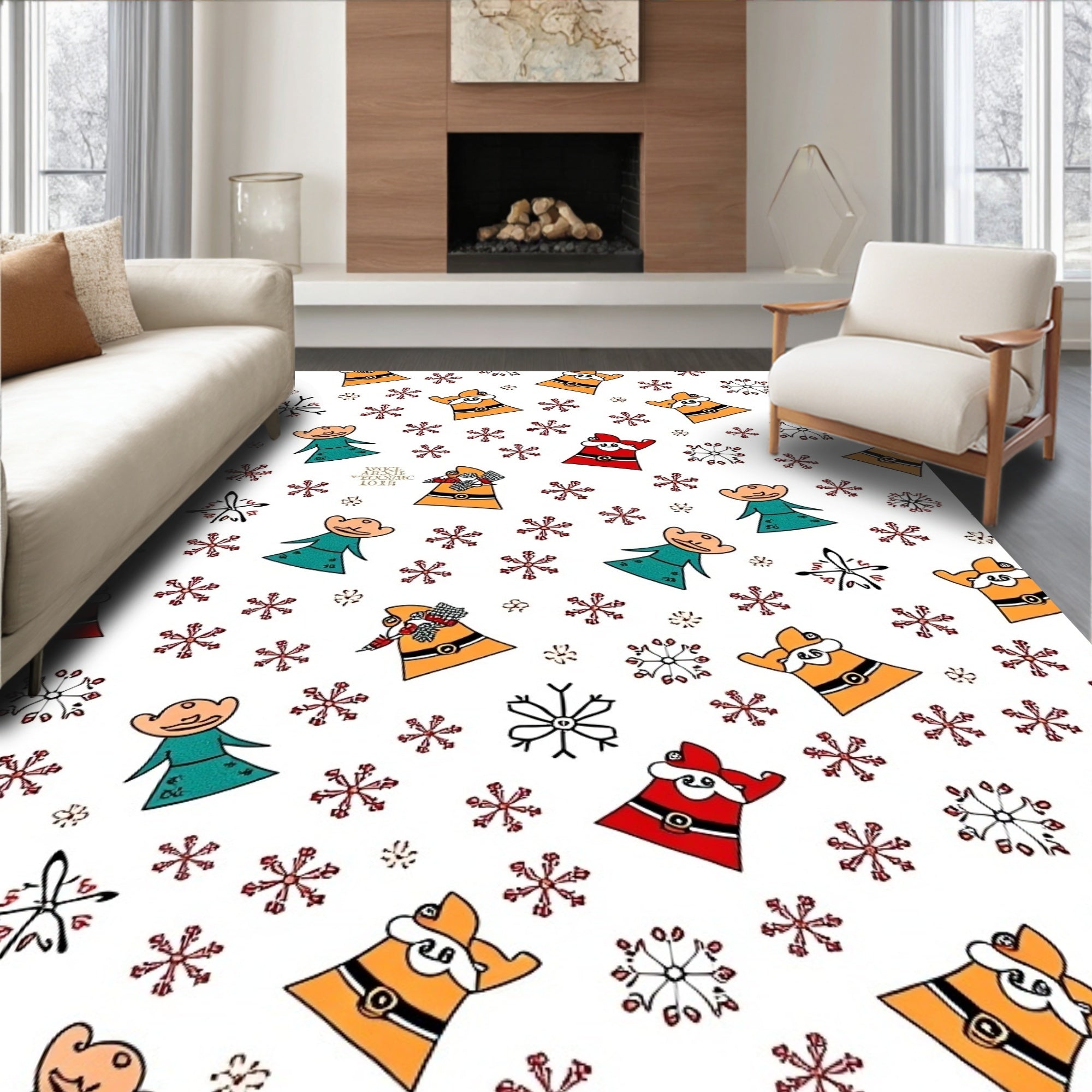 Whimsical Christmas Characters And Snowflakes Rug