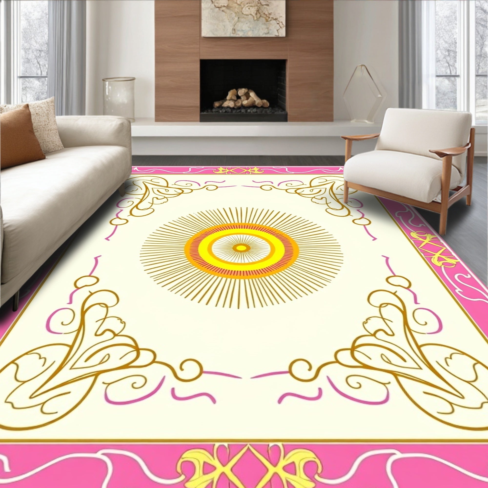Gold Sunburst Pink Swirl Frame Rug