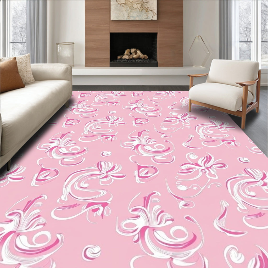 Pink White Swirl Floral Art Nouveau Rug