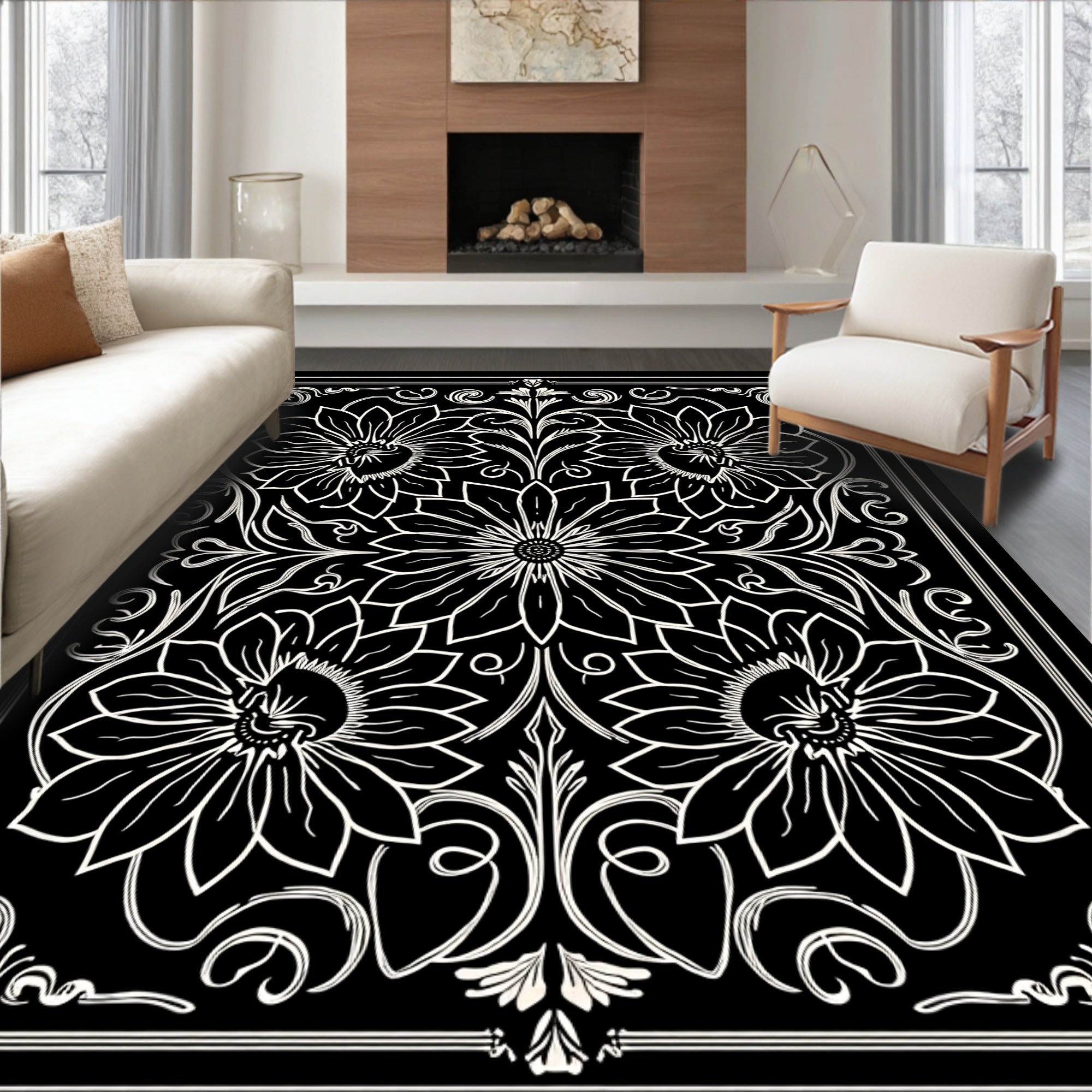 Black Ivory Floral Scroll Rug