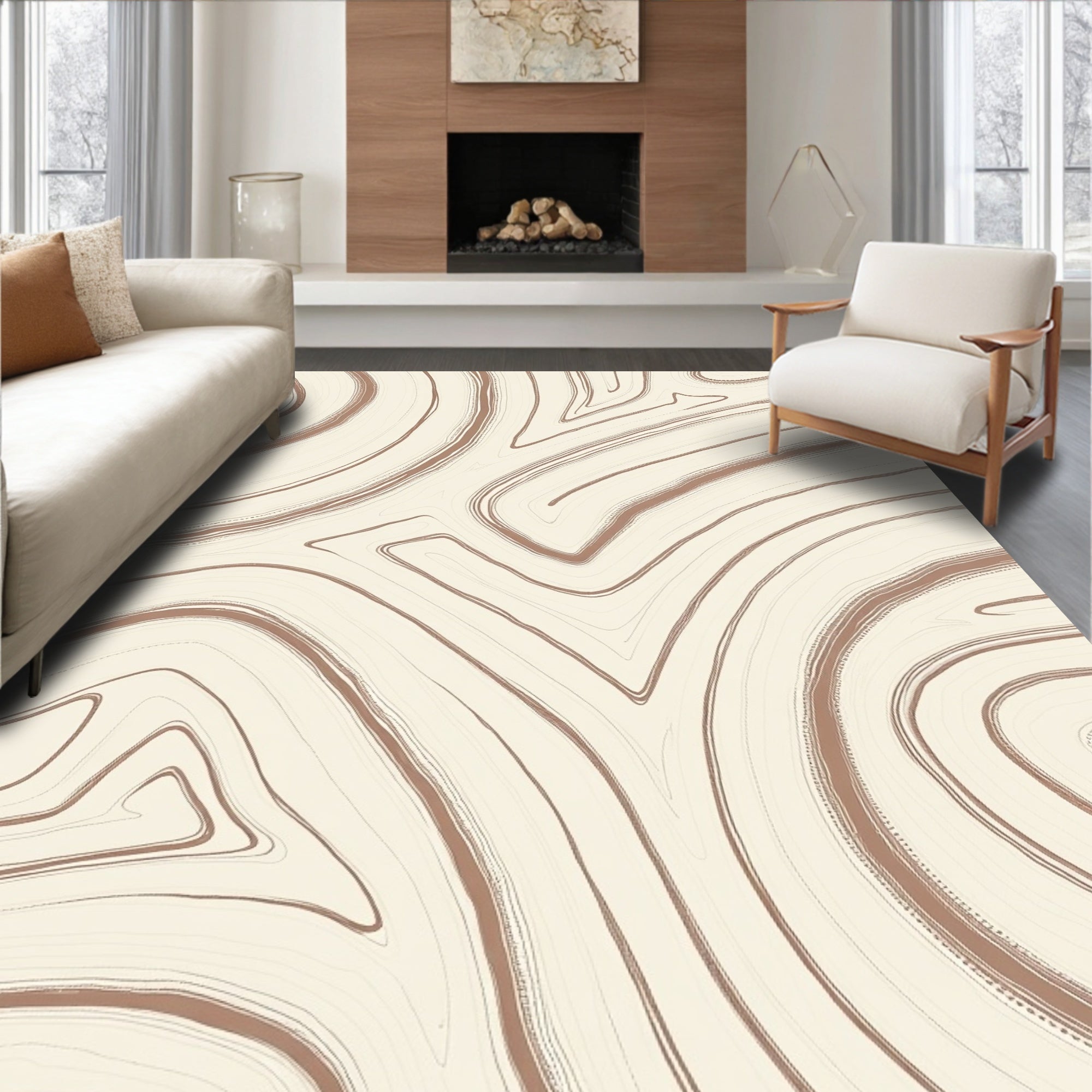 Abstract Swirl Pattern Cream Brown Rug