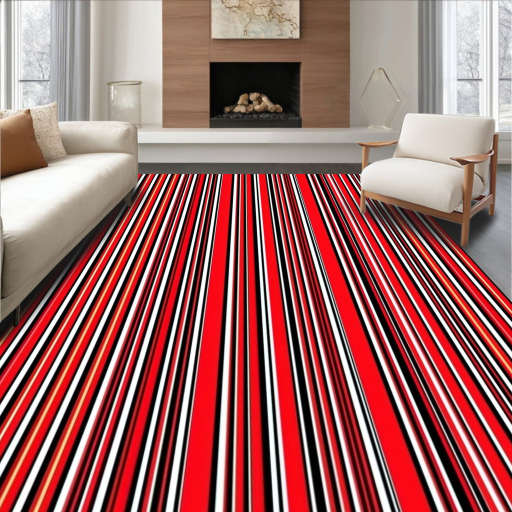 Bold Red Black White Stripe Pattern Rug