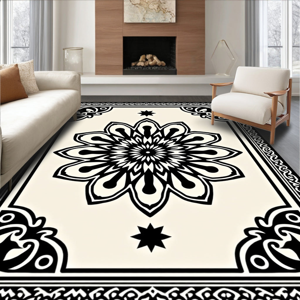 Intricate Black Floral Starburst Motif Rug