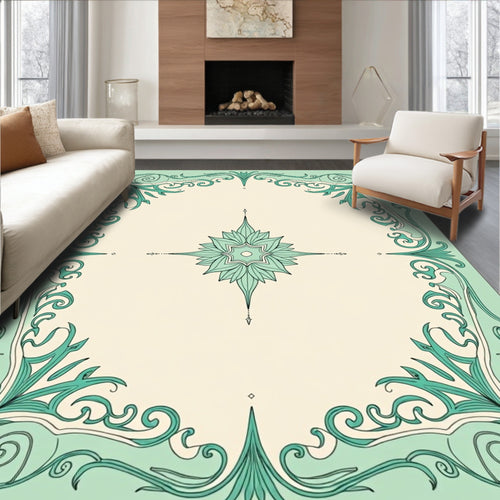 Art Nouveau Floral Swirl Teal Border Rug